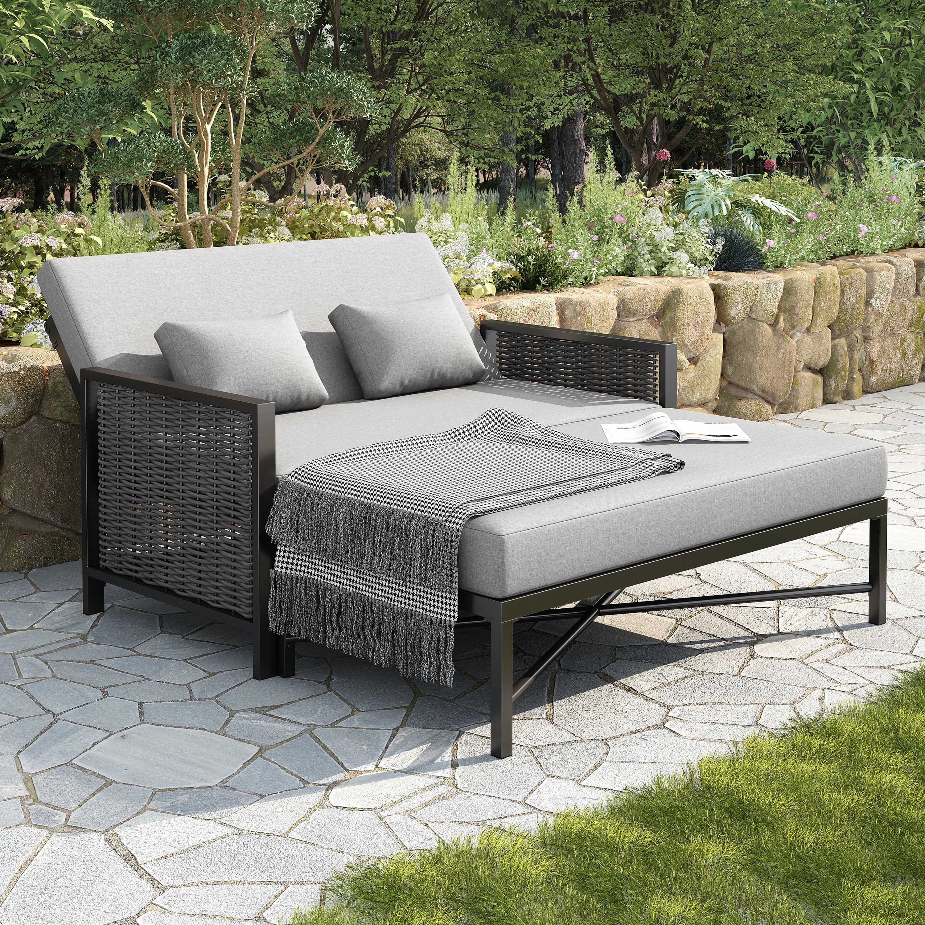 Outdoor Lounger Garden Sofa for 2 People with Adjustable Backrest and Retractable Footrest, Grey