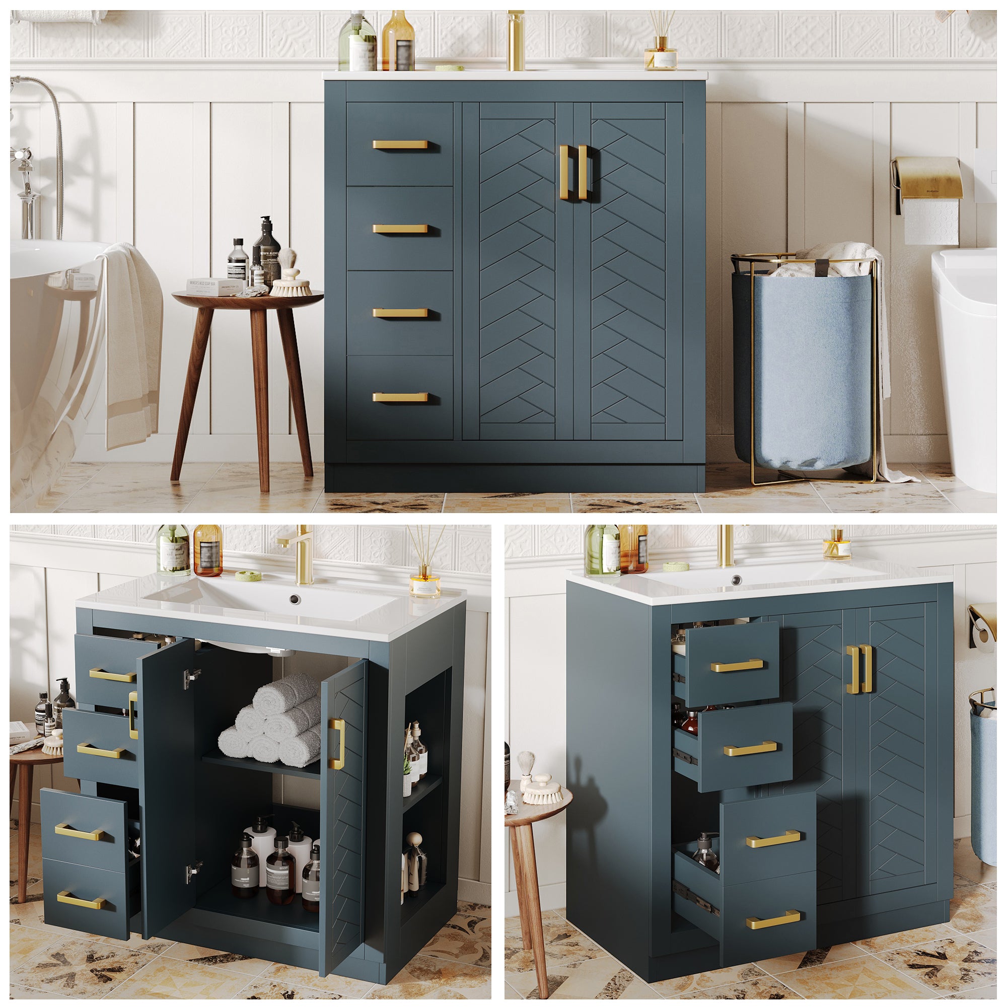 Bathroom Vanity Unit with Ceramic Sink and Storage Drawers, Blue