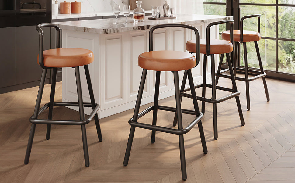 Modern Bar Stools Set of 4, Ergonomic Backrest with Footrest, PU Leather and Iron, Brown