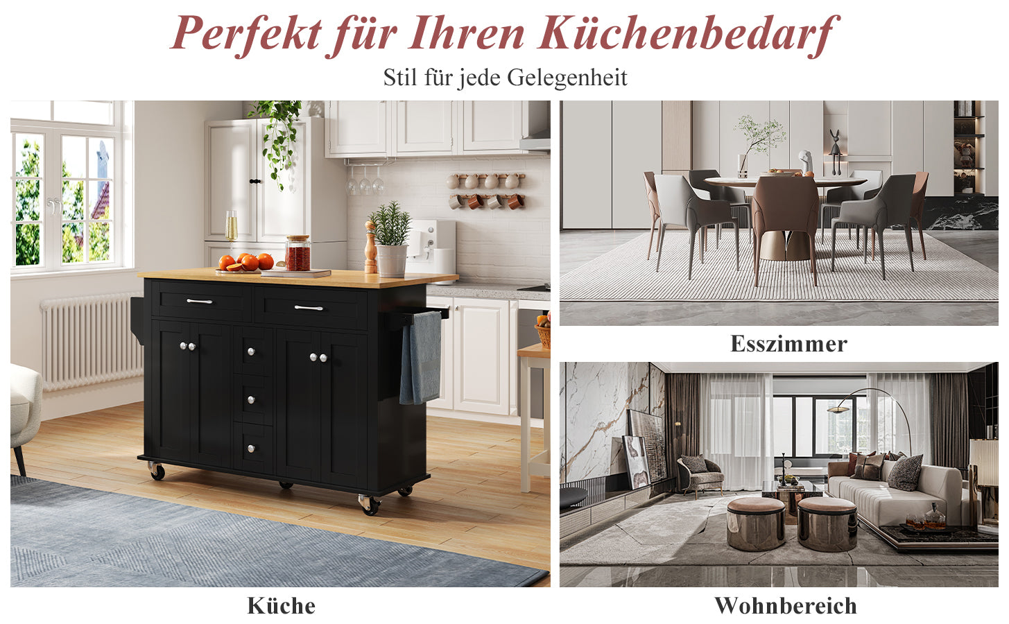Multifunctional Kitchen Island Mobile Trolley with Extendable Worktop, 5 Drawers & Spice Rack