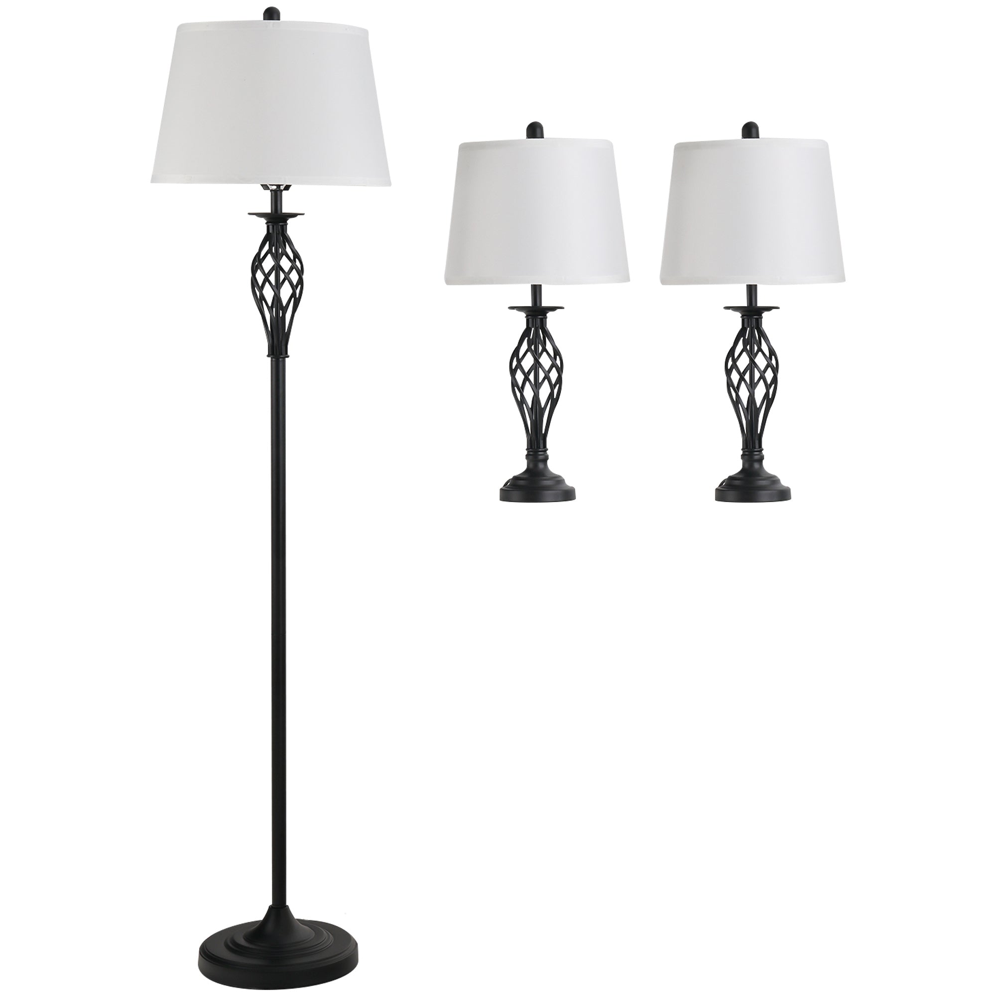 3-Piece Lamp Set: 2 Table Lamps (Ø38cm) & 1 Floor Lamp (Ø62cm), Vintage Black/White Metal/Cotton
