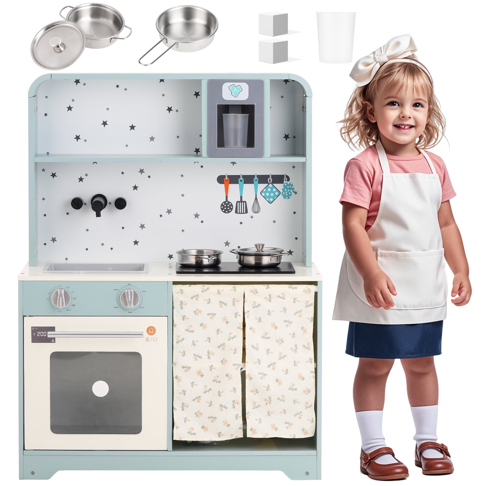 Children's Play Kitchen with Ice Maker and Microwave, Wood and Plastic, Blue
