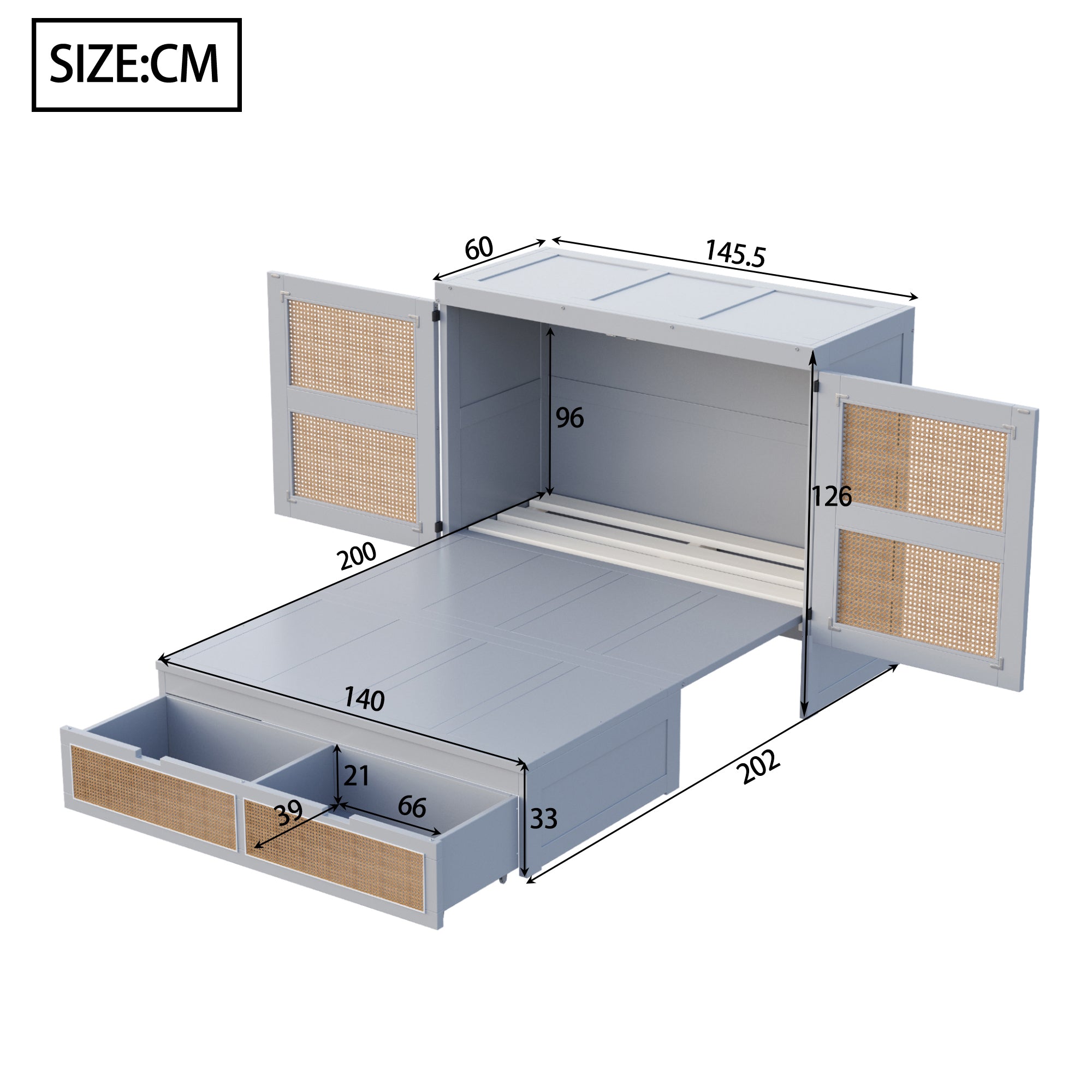 Wall Bed 140x200cm, Slatted Frame, Storage Drawers, Rattan Design, Grey