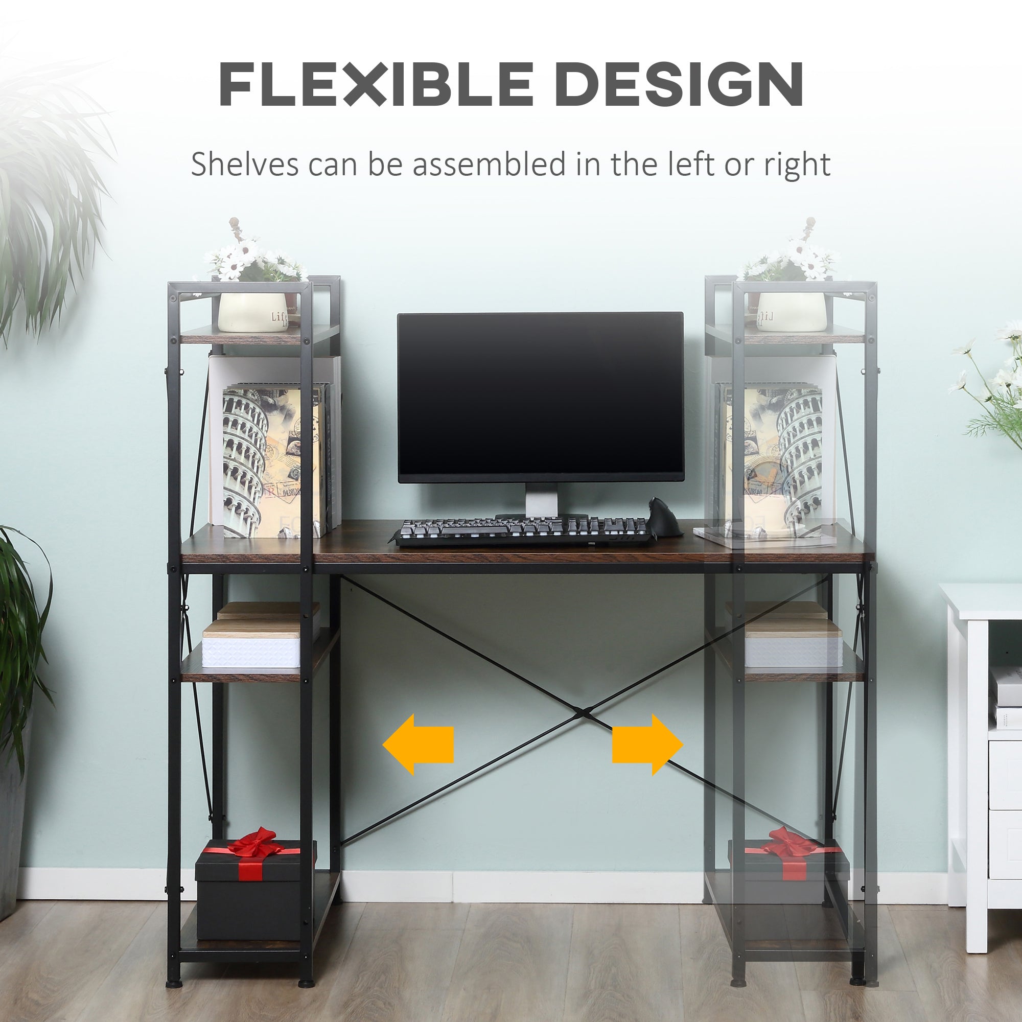 Study Desk Computer Table with 4-Tier Bookshelf and Metal Frame, Rustic Brown & Black