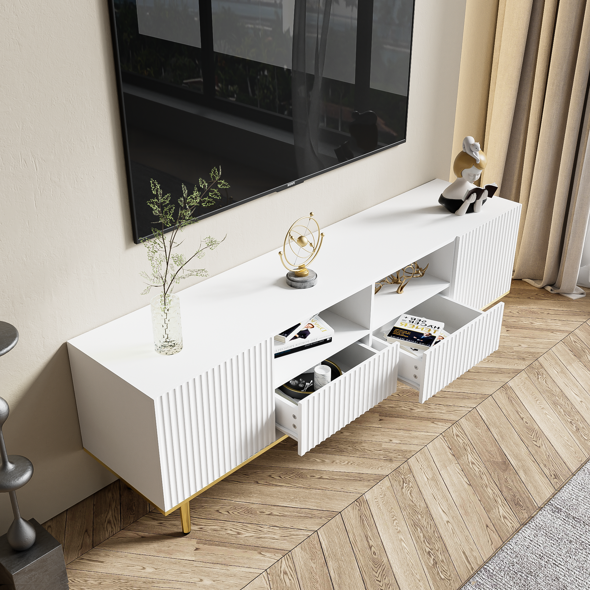 TV Cabinet, Modern with Gold Legs and Trim, Gold