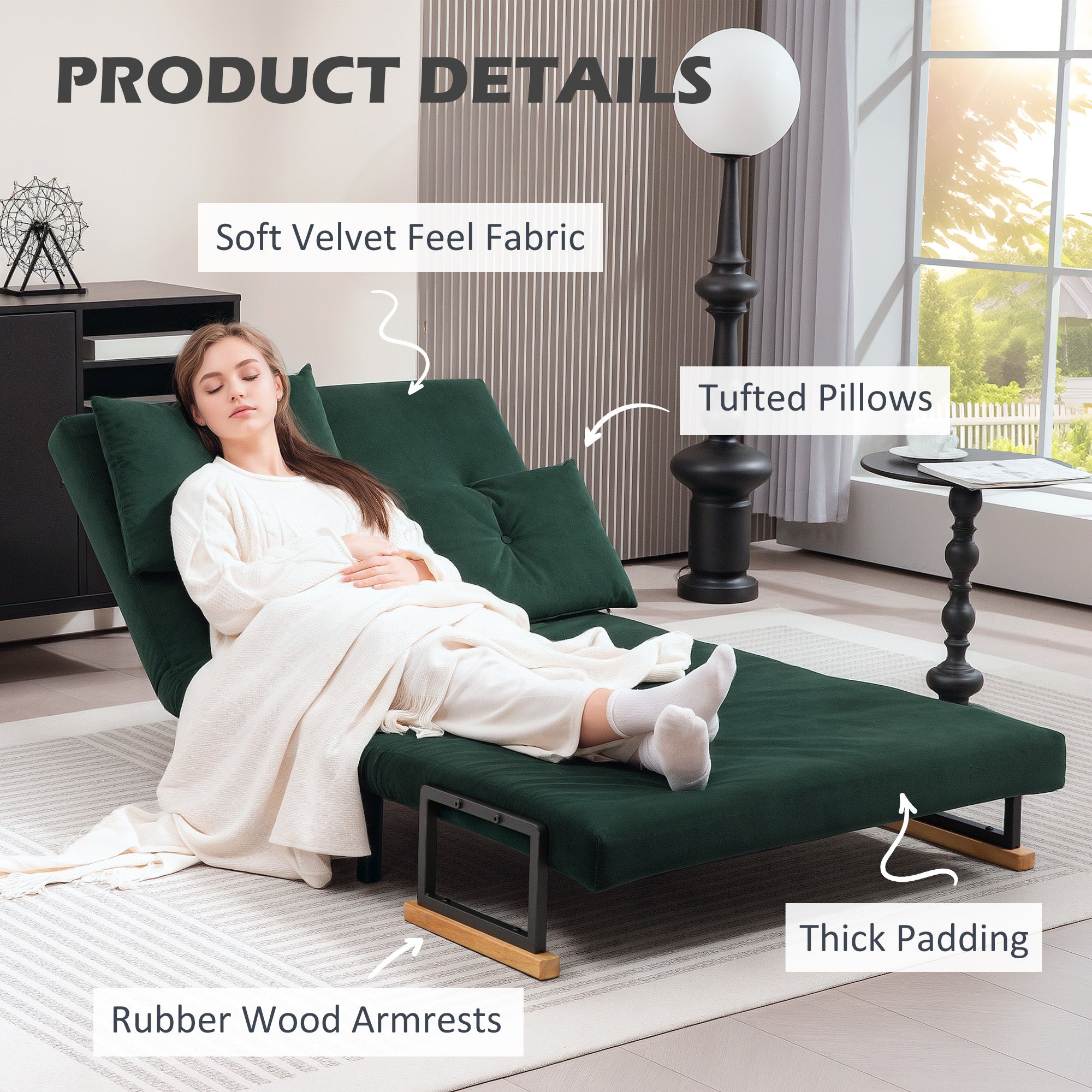 Double Sofa Bed 4-in-1 Convertible with Pillows Velvet-Feel Green