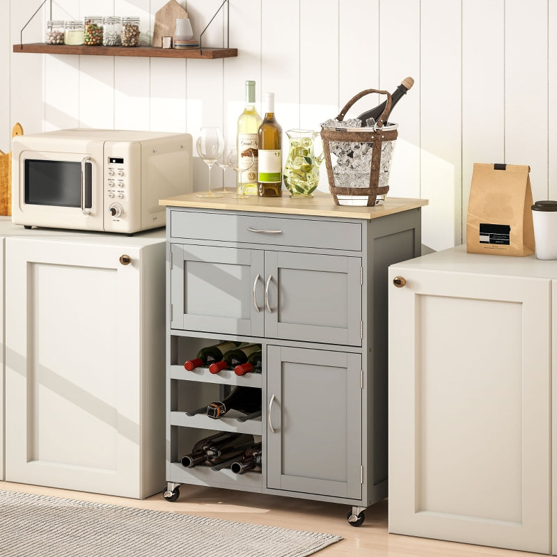 Modern Kitchen Trolley Rolling Island Storage Cart Drawer Wine Rack Rubberwood Grey
