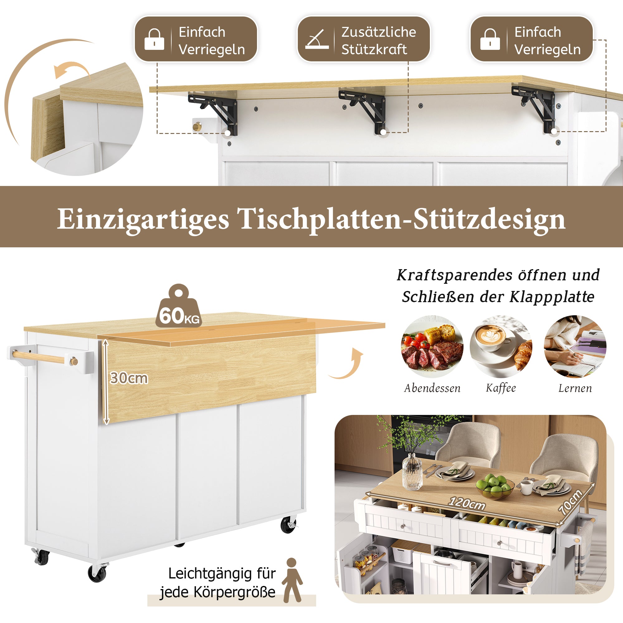 Kitchen Island Mobile Extendable Dining Area Drawers - White