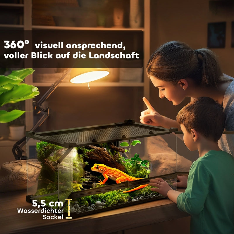 Glass Terrarium for Reptiles, Raised Waterproof Base, Button Lock, Glass