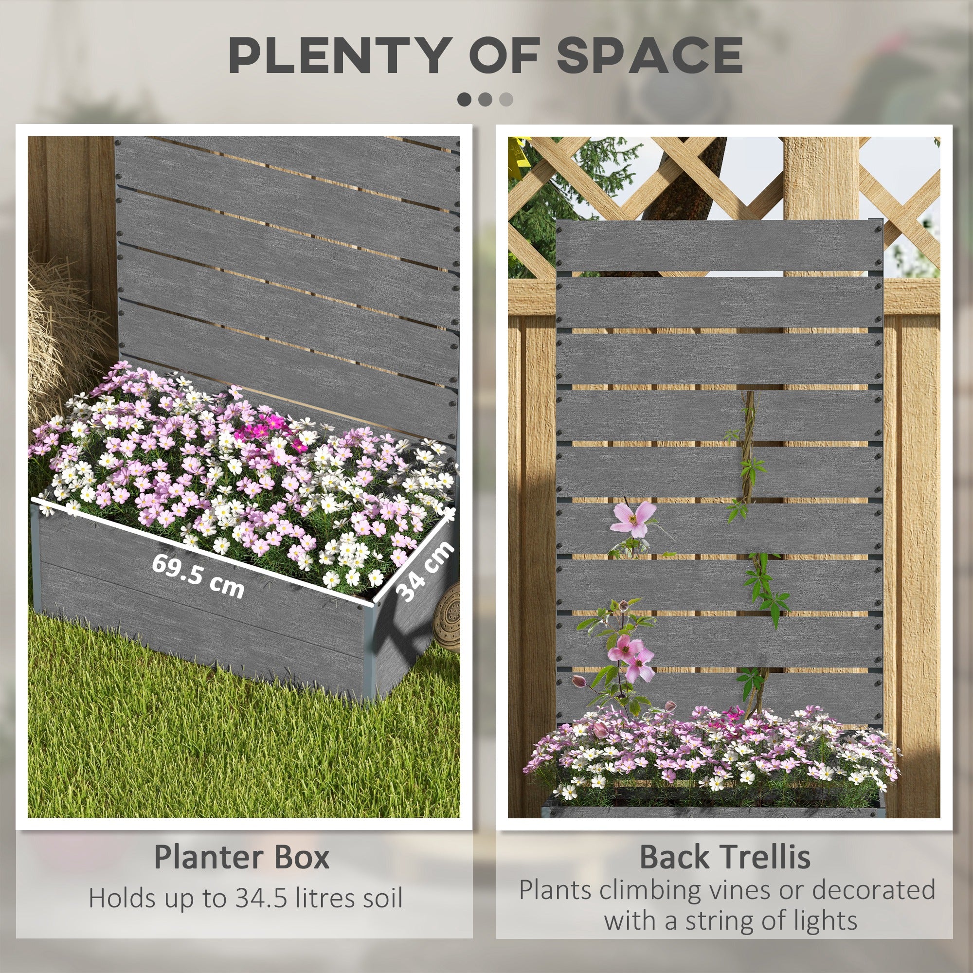 Garden Planter Box with Back Trellis, Grey