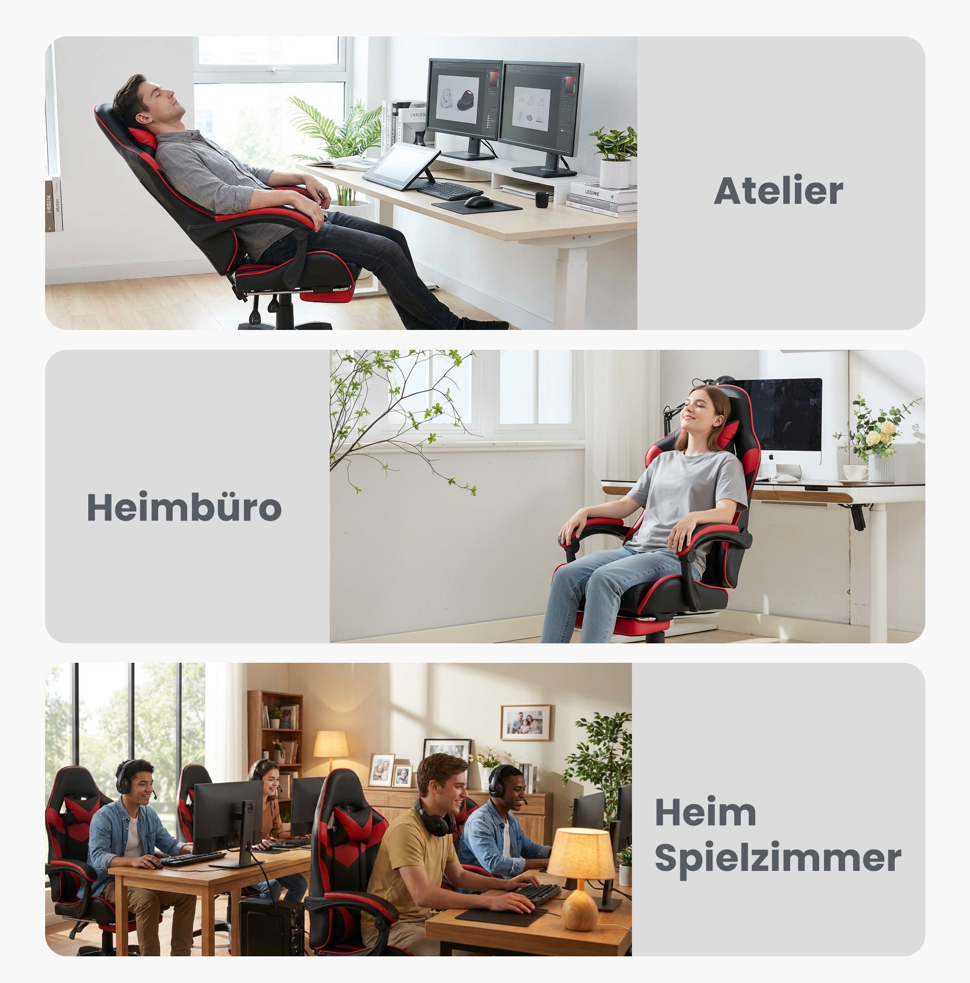 360° Swivel Gaming Chair Ergonomic Racing Design High-Back Height-Adjustable with Footrest and Lumbar Support – Black & Red Leather