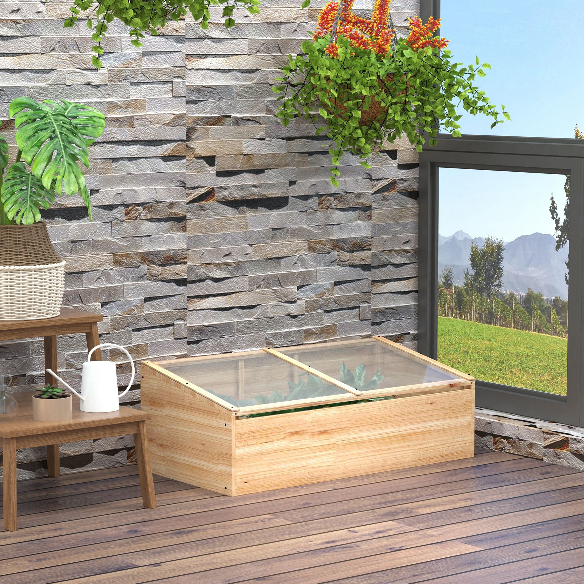 Wooden Greenhouse Cold Frame, Planter System 100x50x35 cm, Natural Fir/PC Board