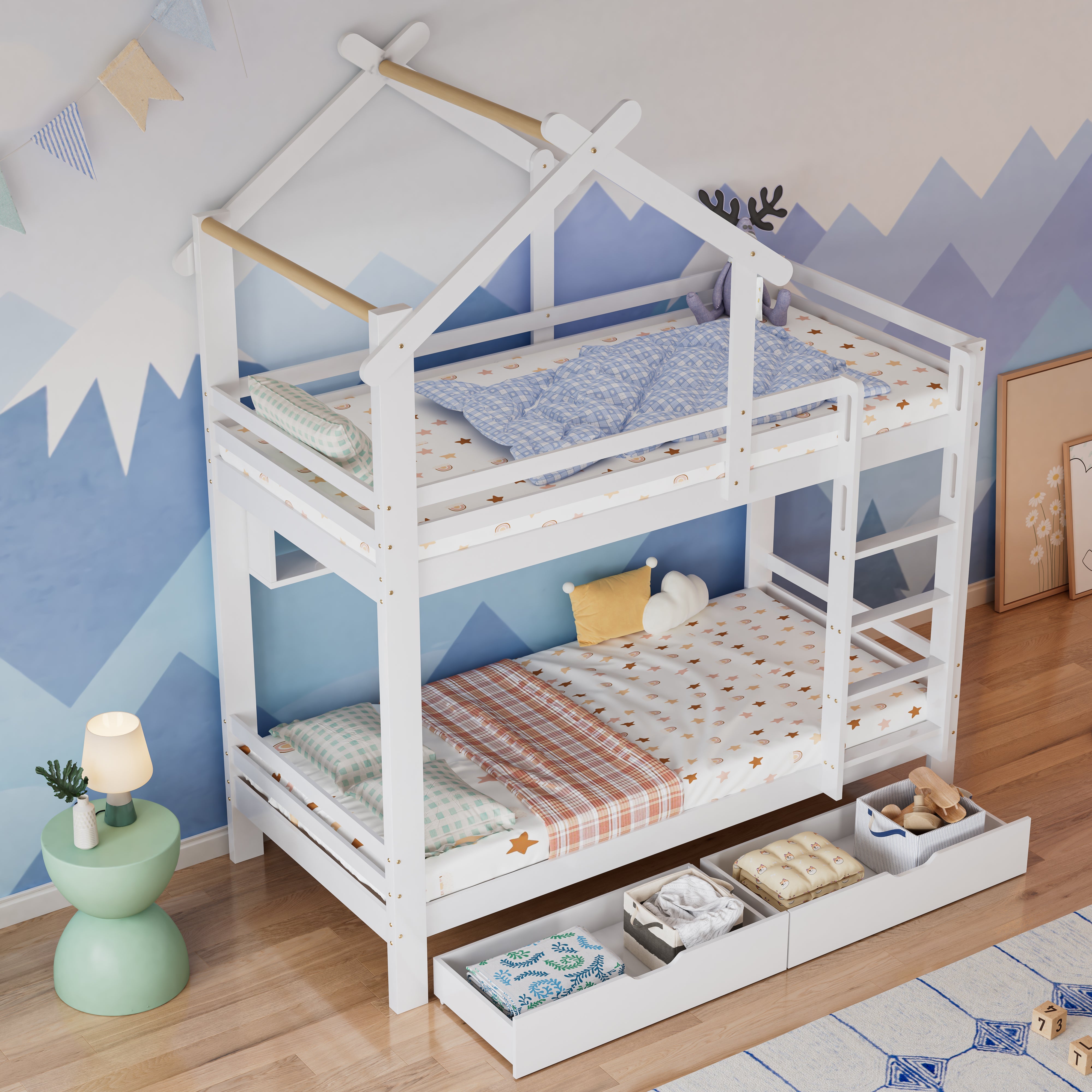 Bunk Bed with Drawers, Shelves & Ladder, Pinewood Frame, White