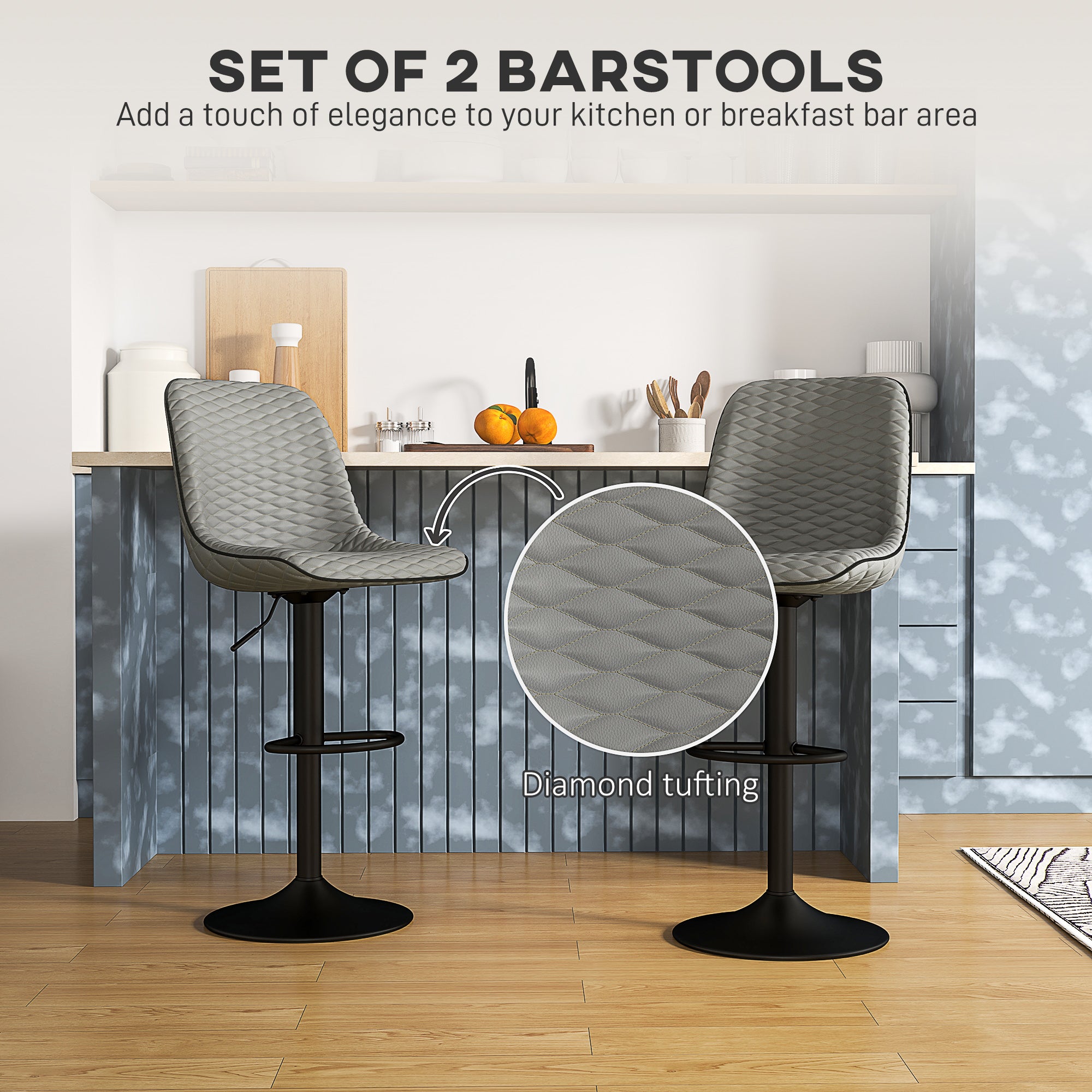 Bar Stools Set of Two Adjustable Height Faux Leather Grey