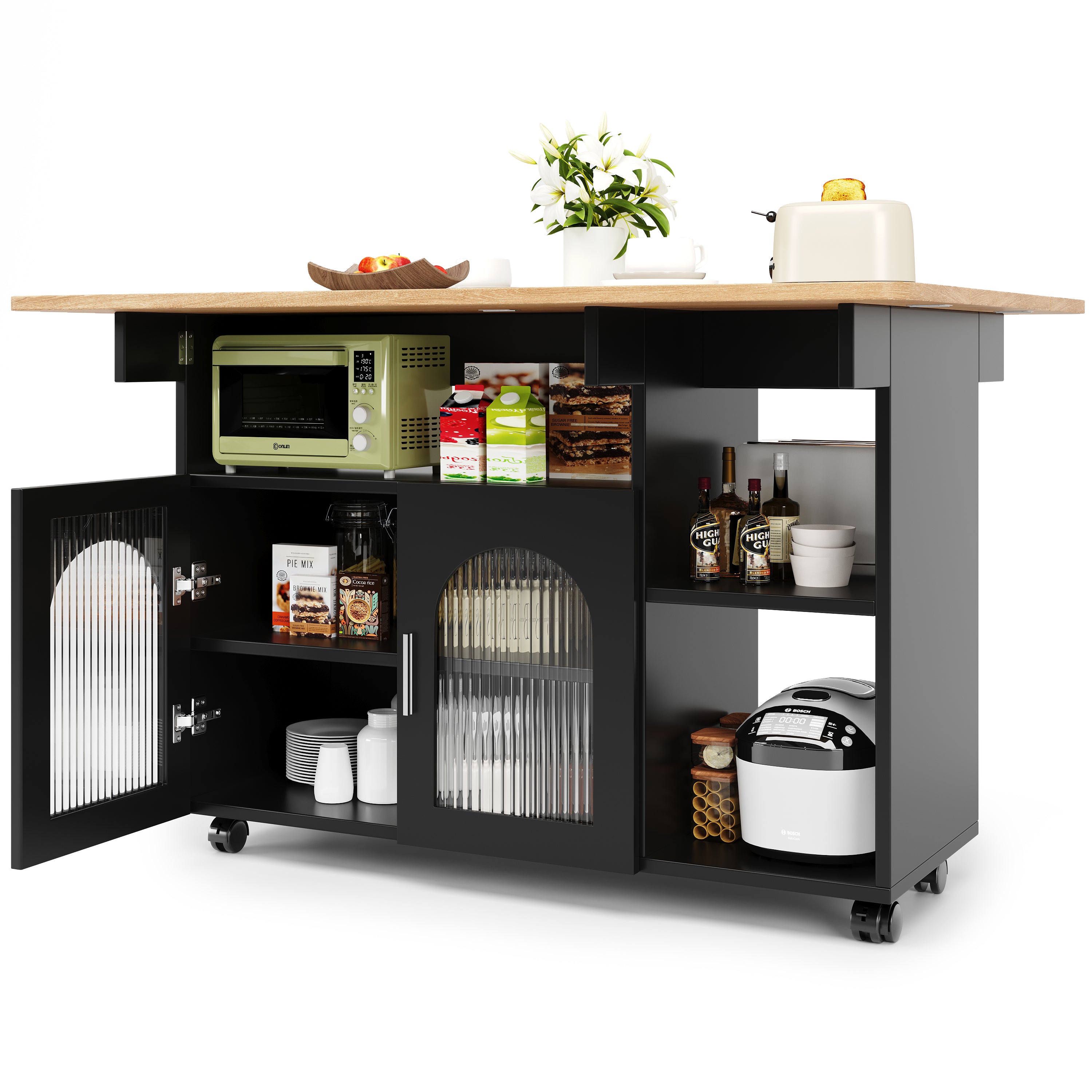 Kitchen Island Dining Cart - Multifunctional Table, Removable Trolley, Storage - Wood Grain Black