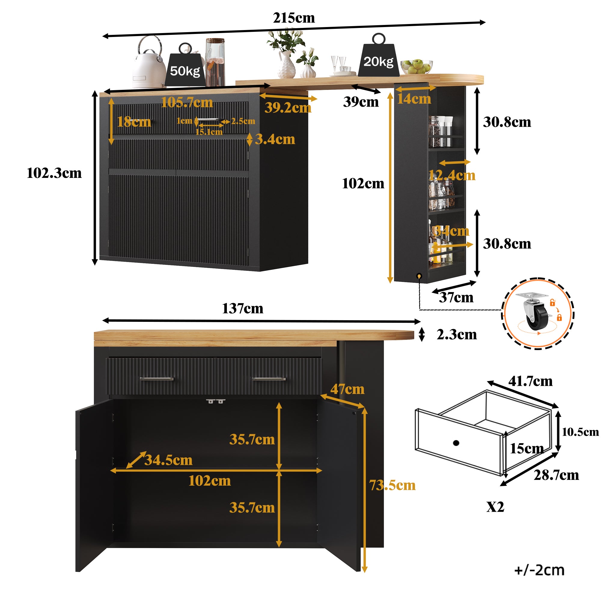 Extendable Bar Table Telescopic Storage Drawer Shelves - Black