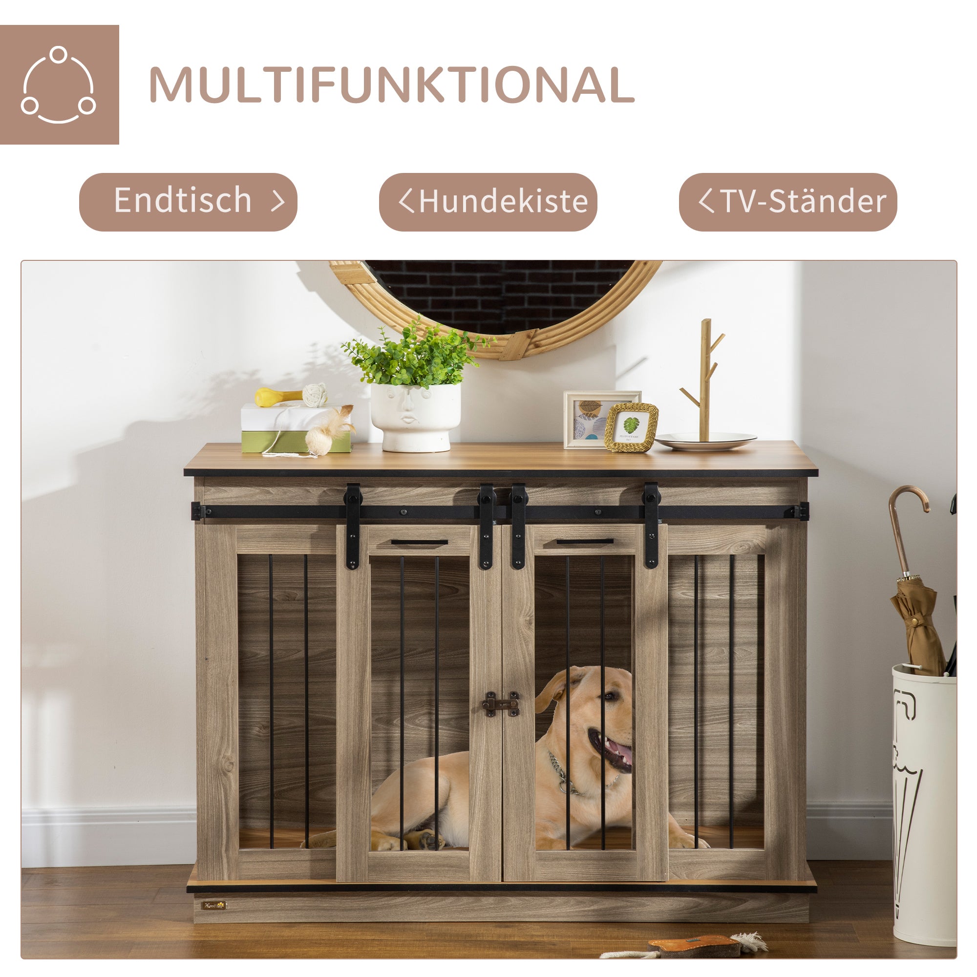 Dog Cage Apartment, 120L x 60W x 88.5H cm, 2 Doors, Oak