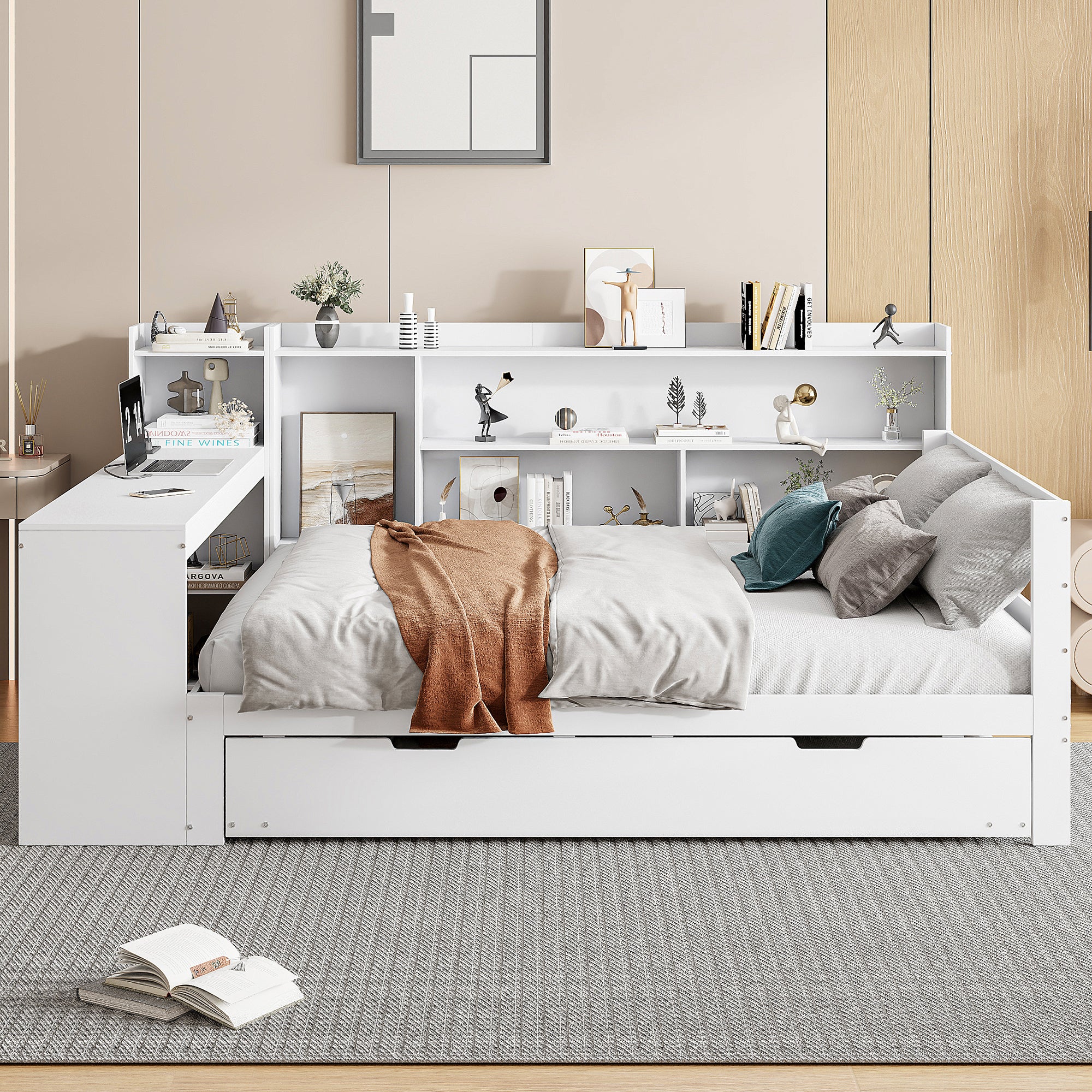Sofa Bed, Multifunctional Double with Desk, Bookshelves, Storage, Power Outlets, Pull-Out Bed, Solid Wood