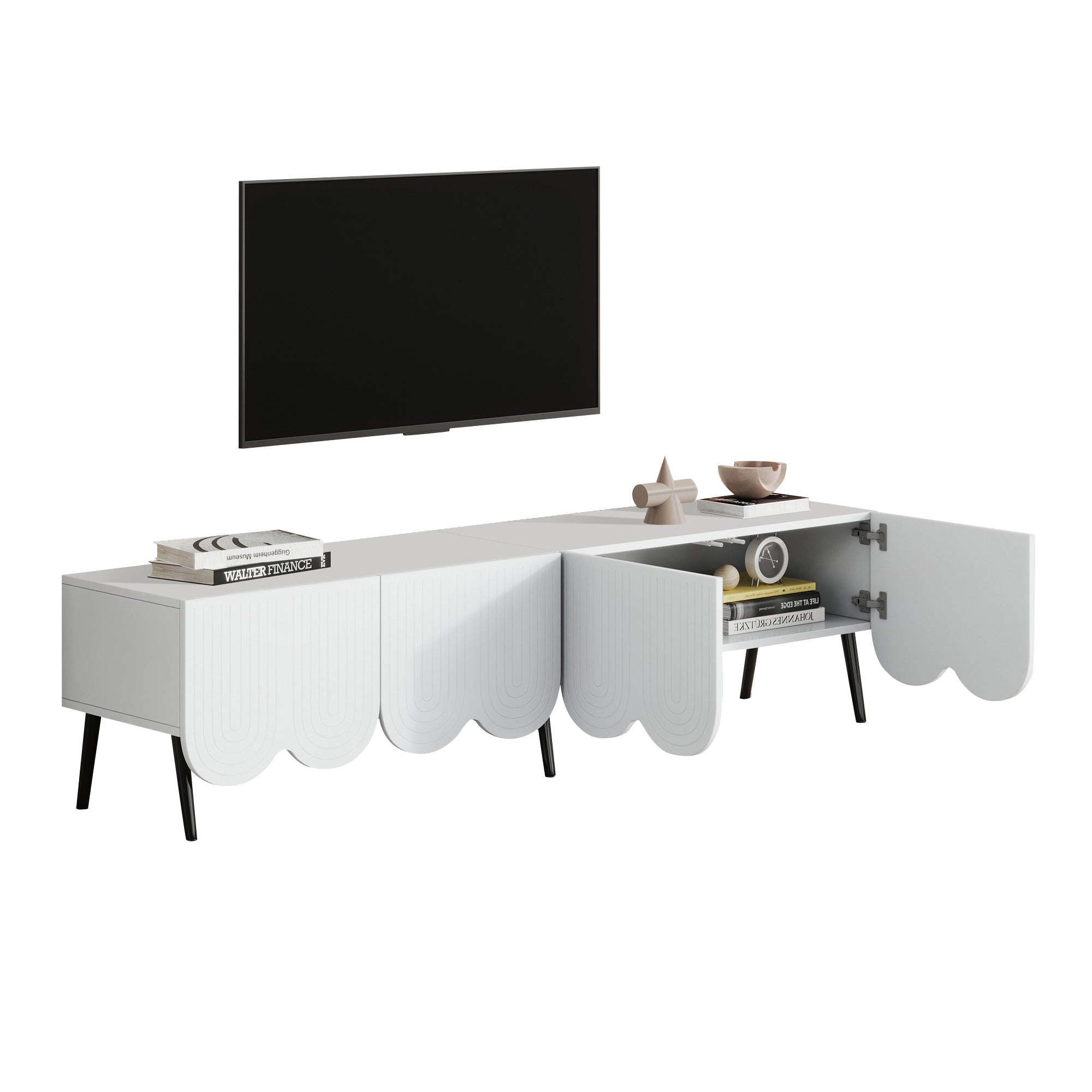 Modern TV cabinet for TVs up to 80 inches with two doors and cable management in white