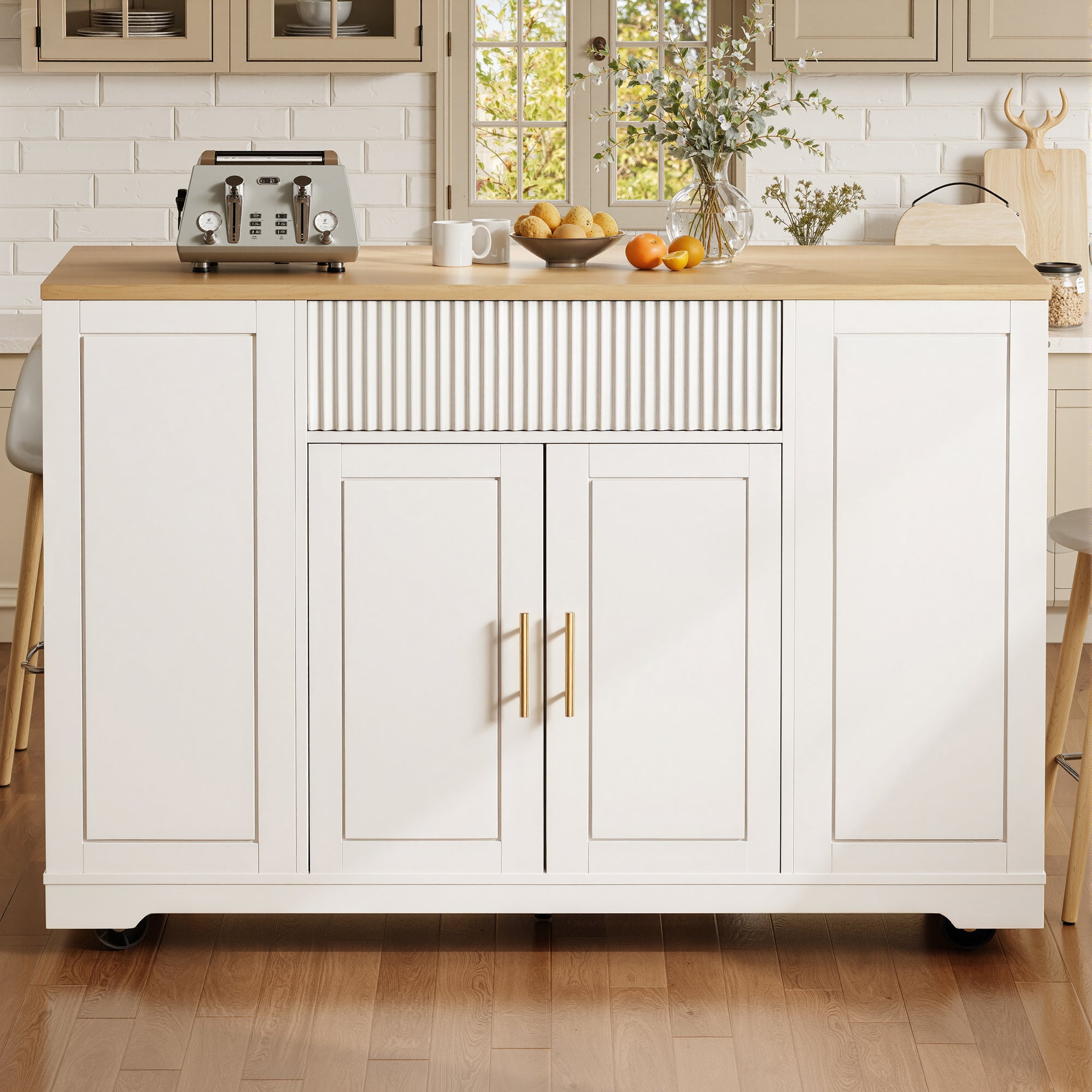 Kitchen Island with Wheels Waste Bin Storage 2 Doors 3 Drawers