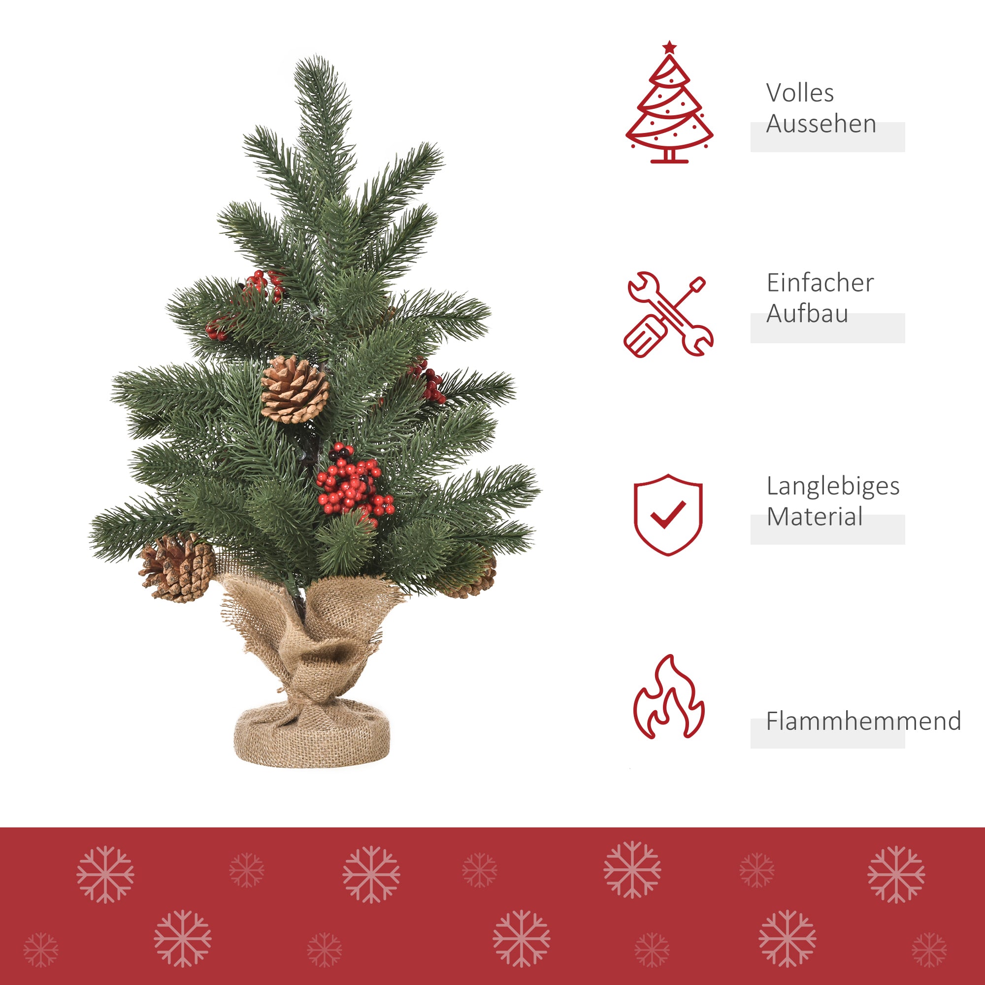 Artificial Christmas Tree 50cm, 55 Branches with Berries & Cones, PE & Cement