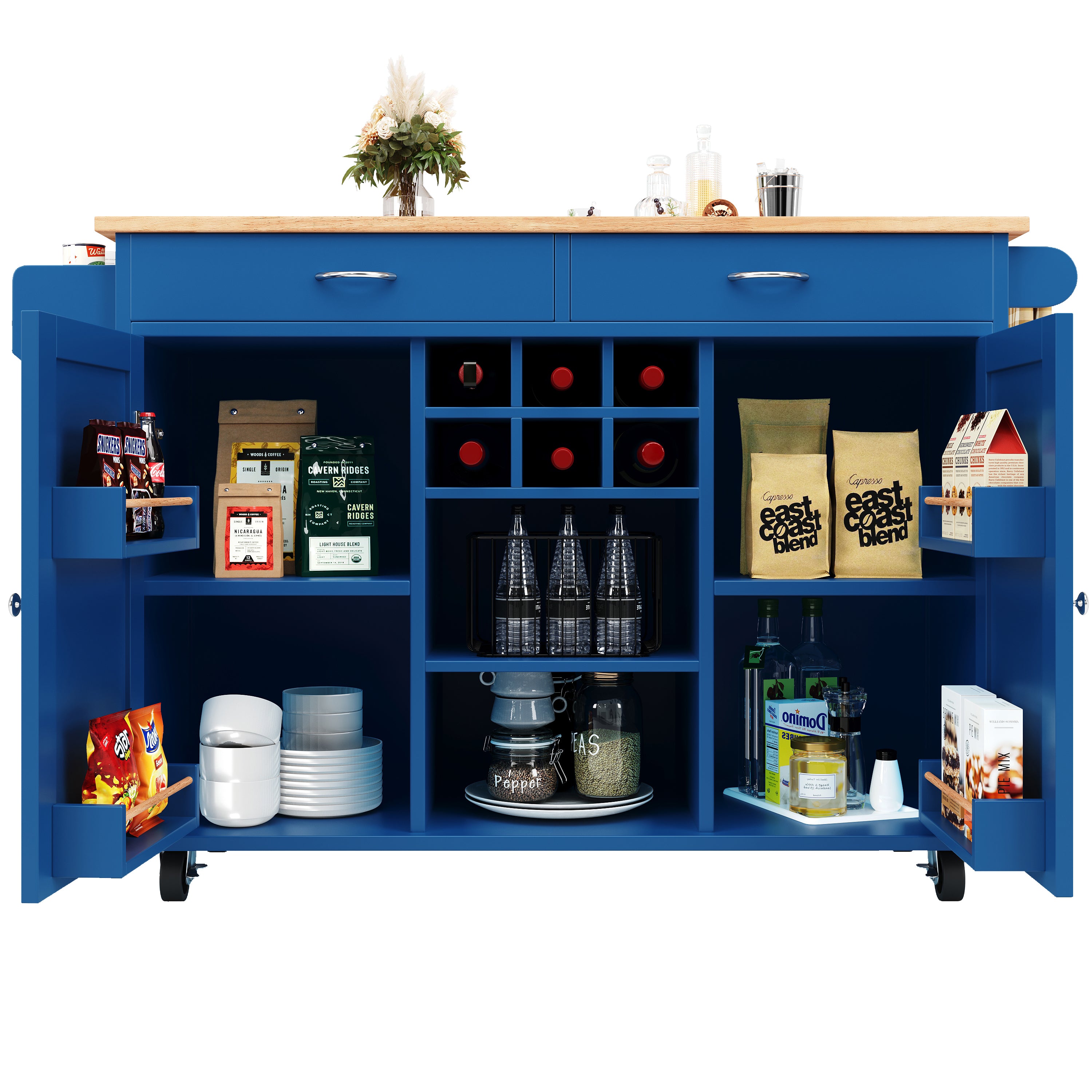 Modern Kitchen Island Dining Table Storage Wood Grain - Blue