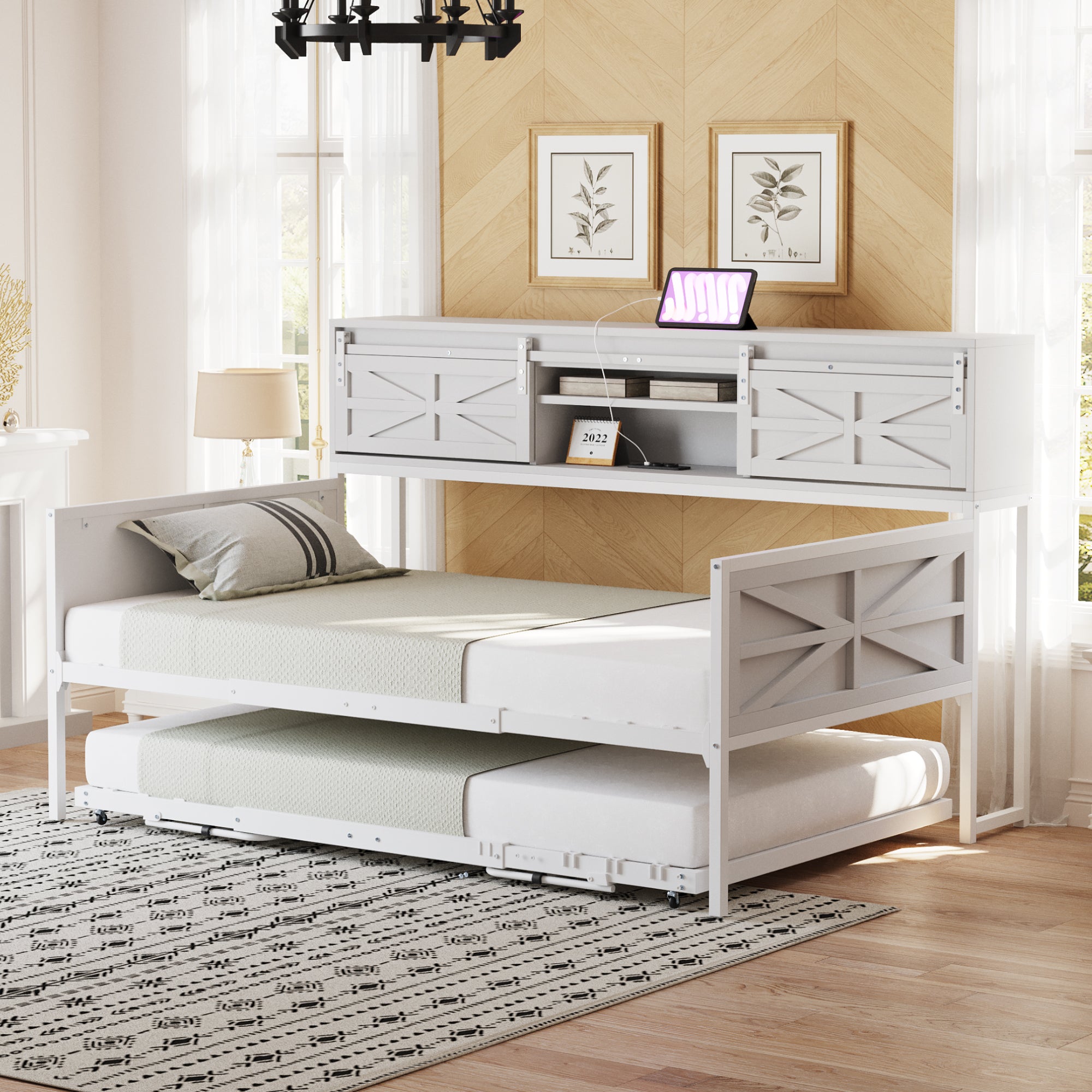 Iron Sofa Bed, 90x200cm Pull-Out with Storage & Sockets, White