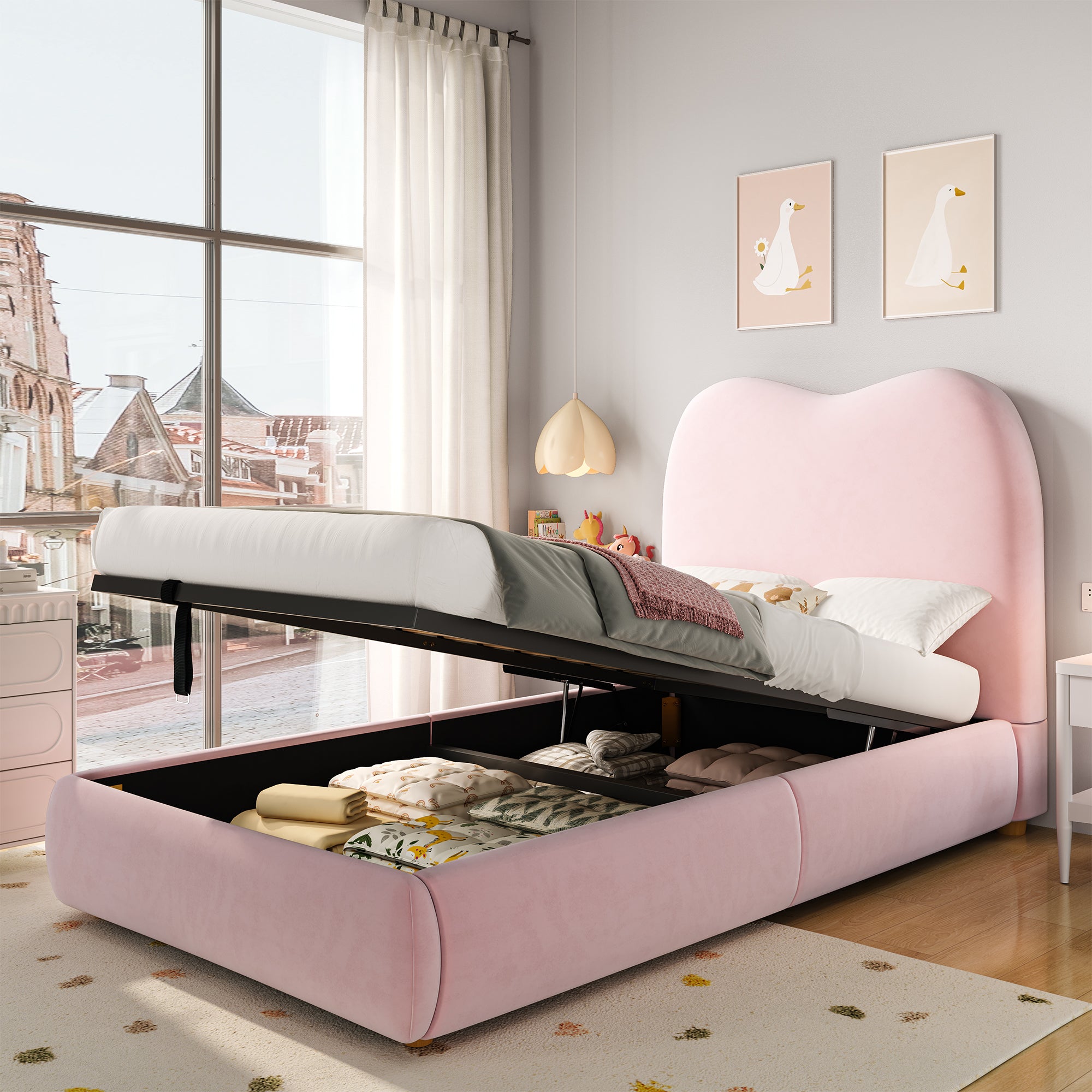 Upholstered Single Bed 90x200cm Hydraulic Storage Slatted Base - Velvet Pink