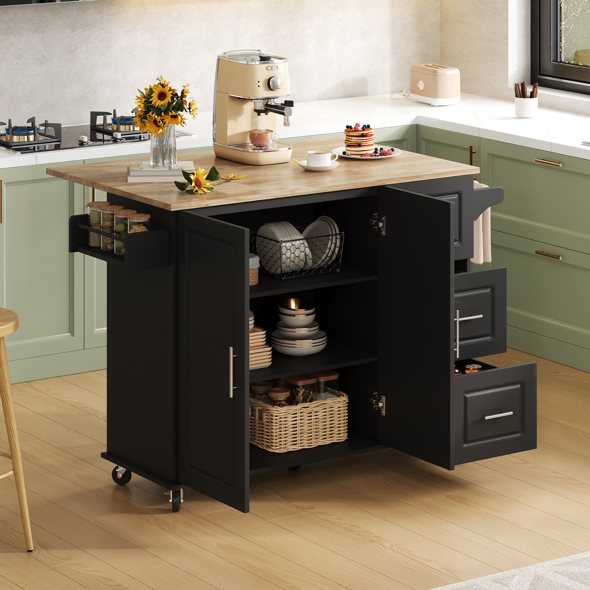 Mobile Kitchen Table with Foldable Worktop and 3 Drawers, Oak Look