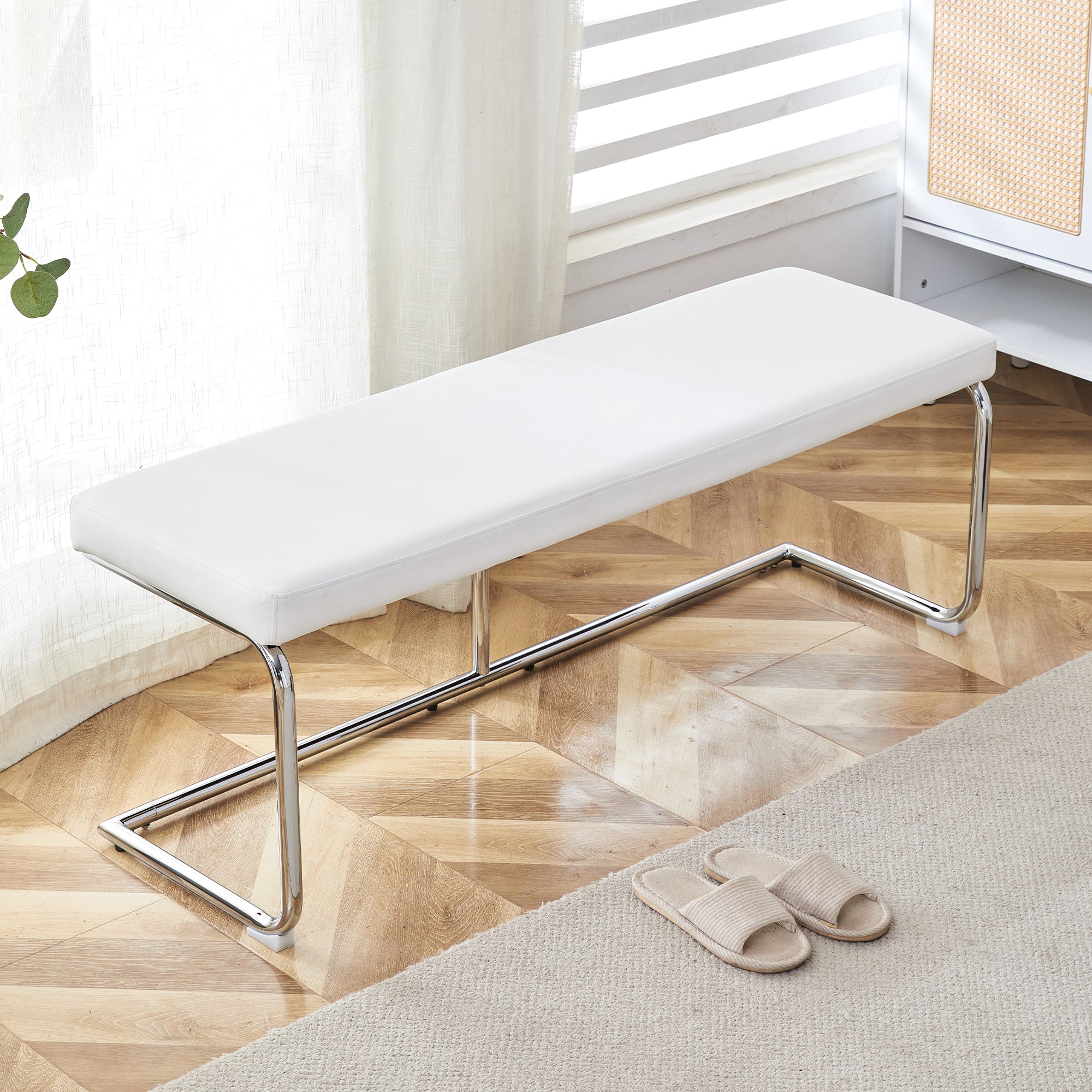 Bench 130cm Modern for Dining Room & Hallway, White Leather