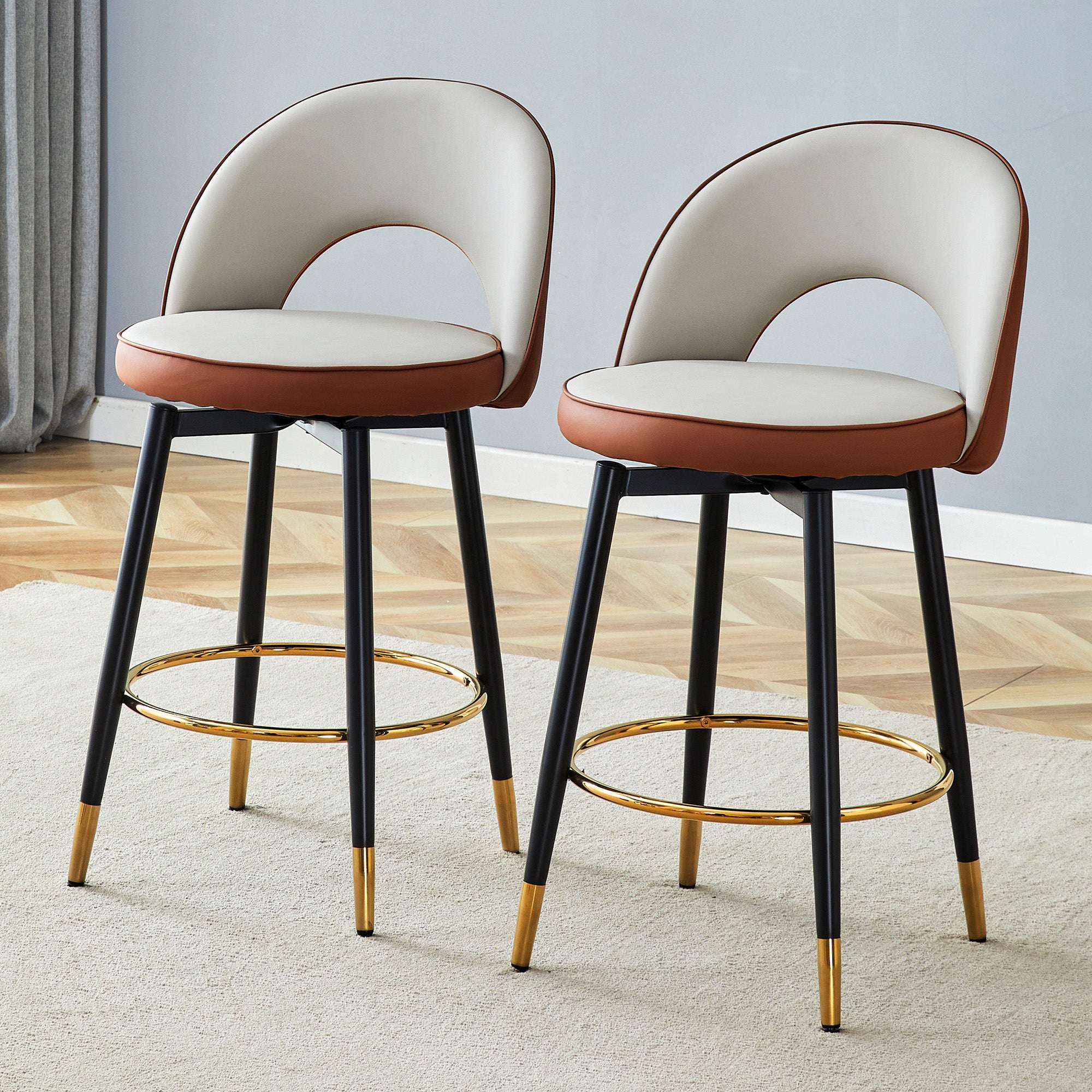 Bar Stool, 360° Swivel Padded Set of 2, Light Grey & Brown PU