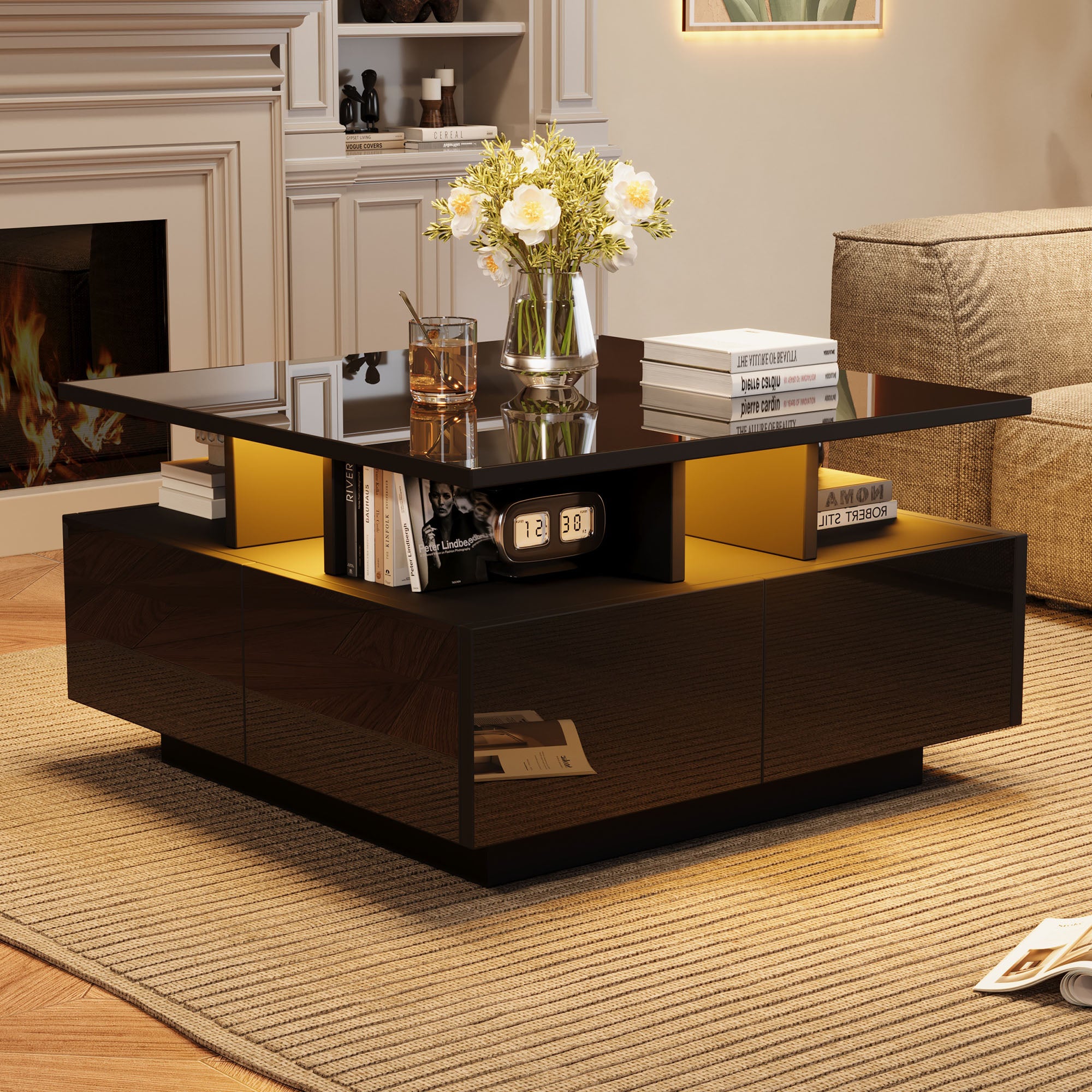 Coffee Table, High-Gloss LED with 4 Drawers, Geometric Design, Black