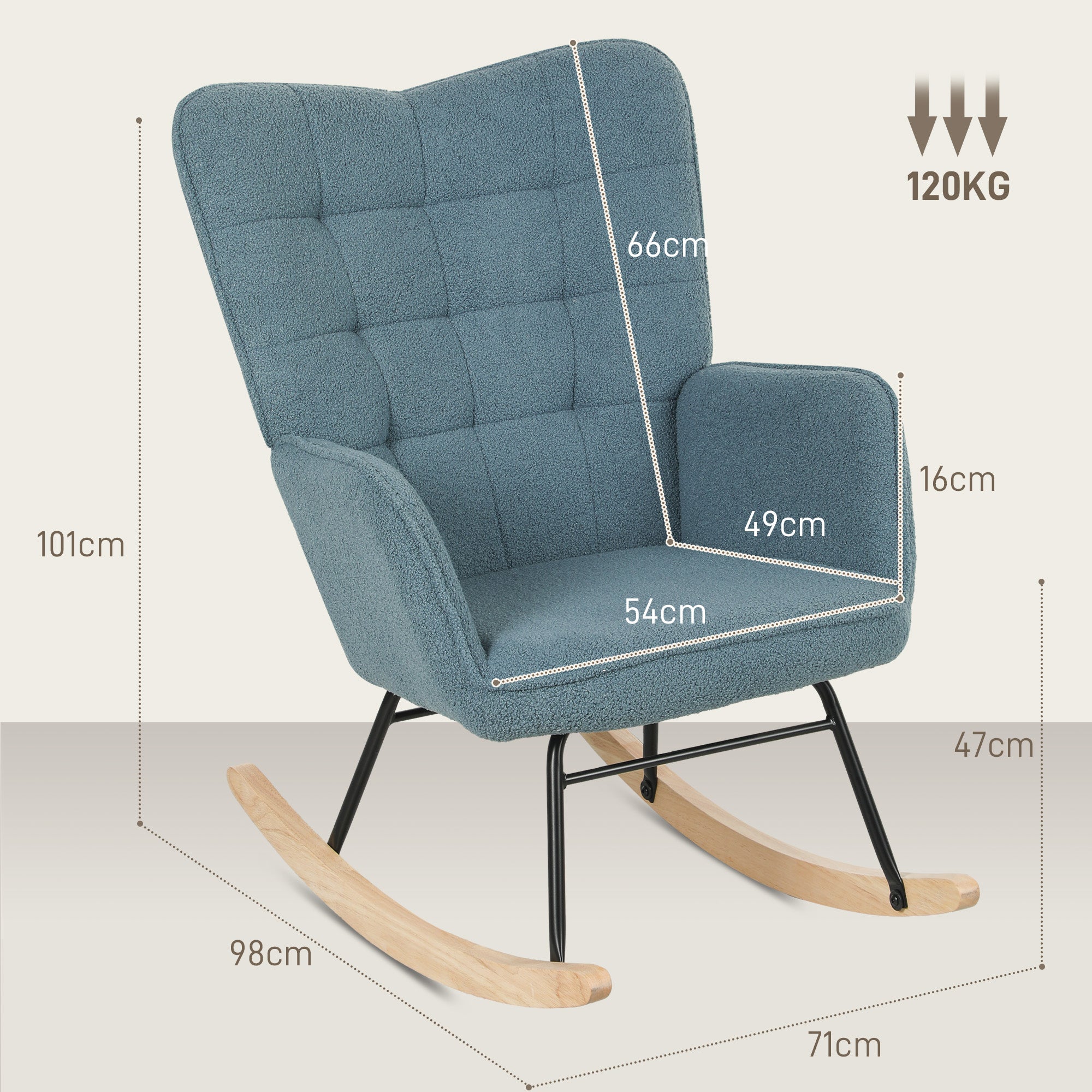 Rocking Chair Upholstered Armrest Wooden Runners 120kg Light Blue Berber Fleece
