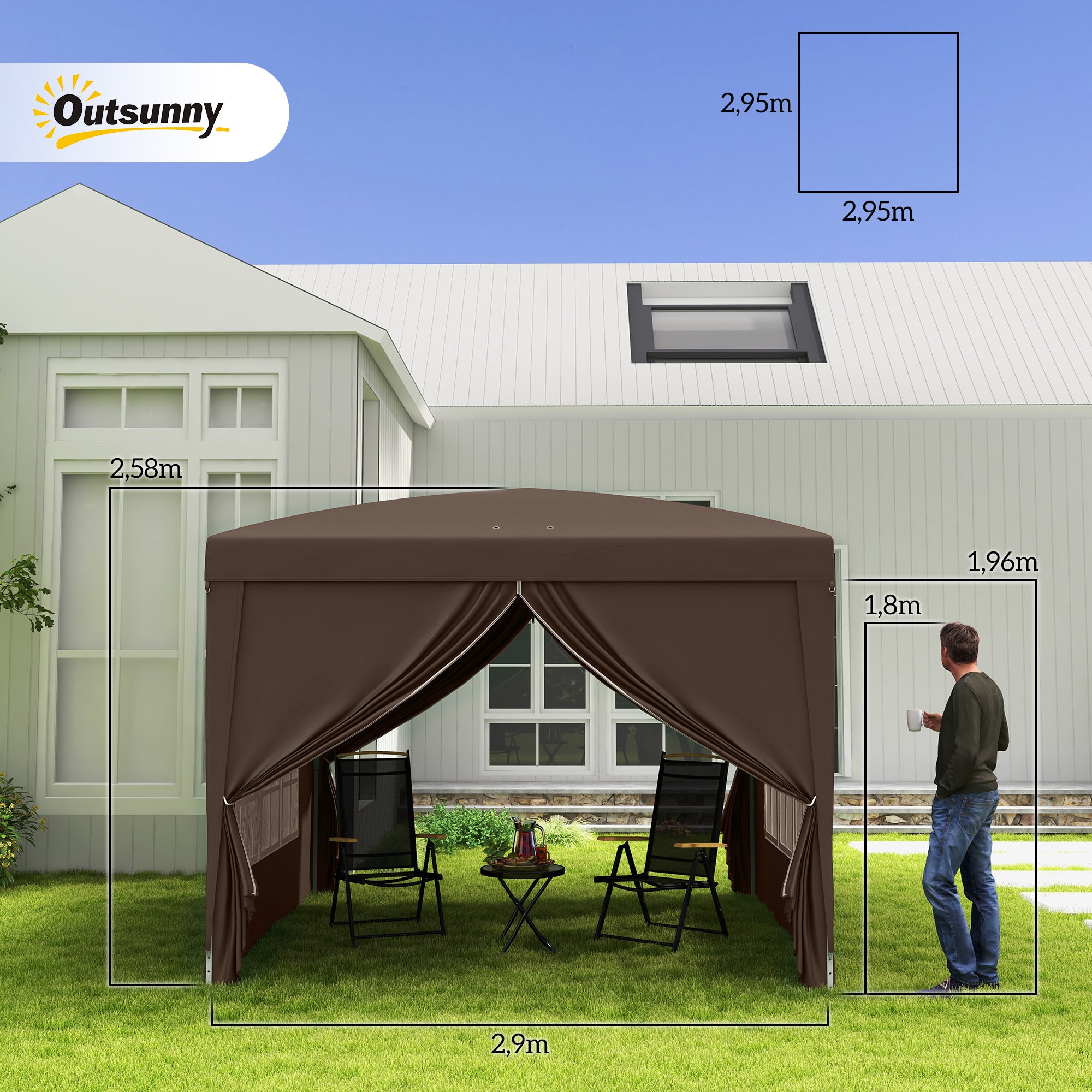 Gazebo 3x3m, Water-Repellent Stable Pop-Up with 4 Side Panels, Coffee