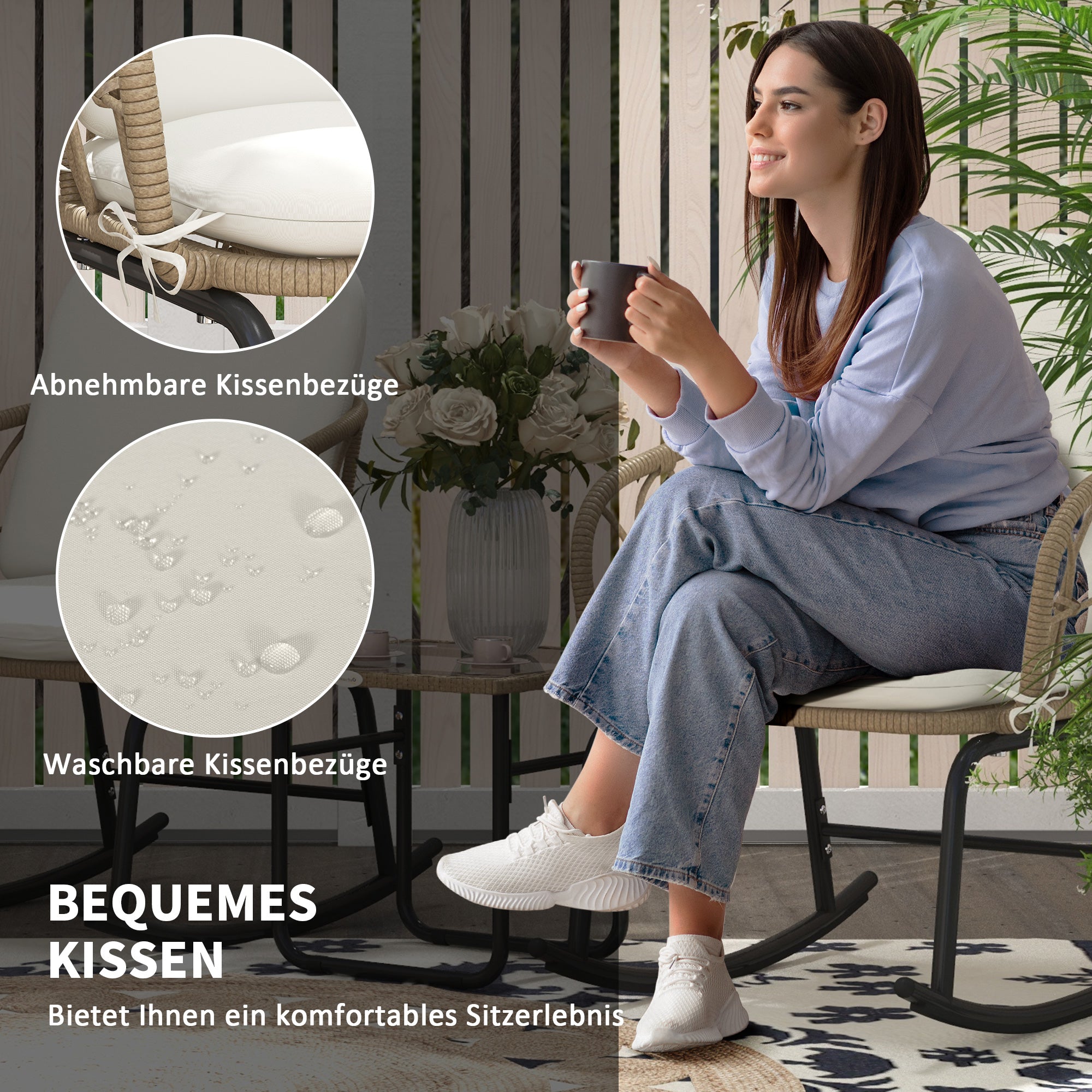 Rattan Rocking Chair Set, 3-Piece with Coffee Table & Cushions for Patio/Balcony