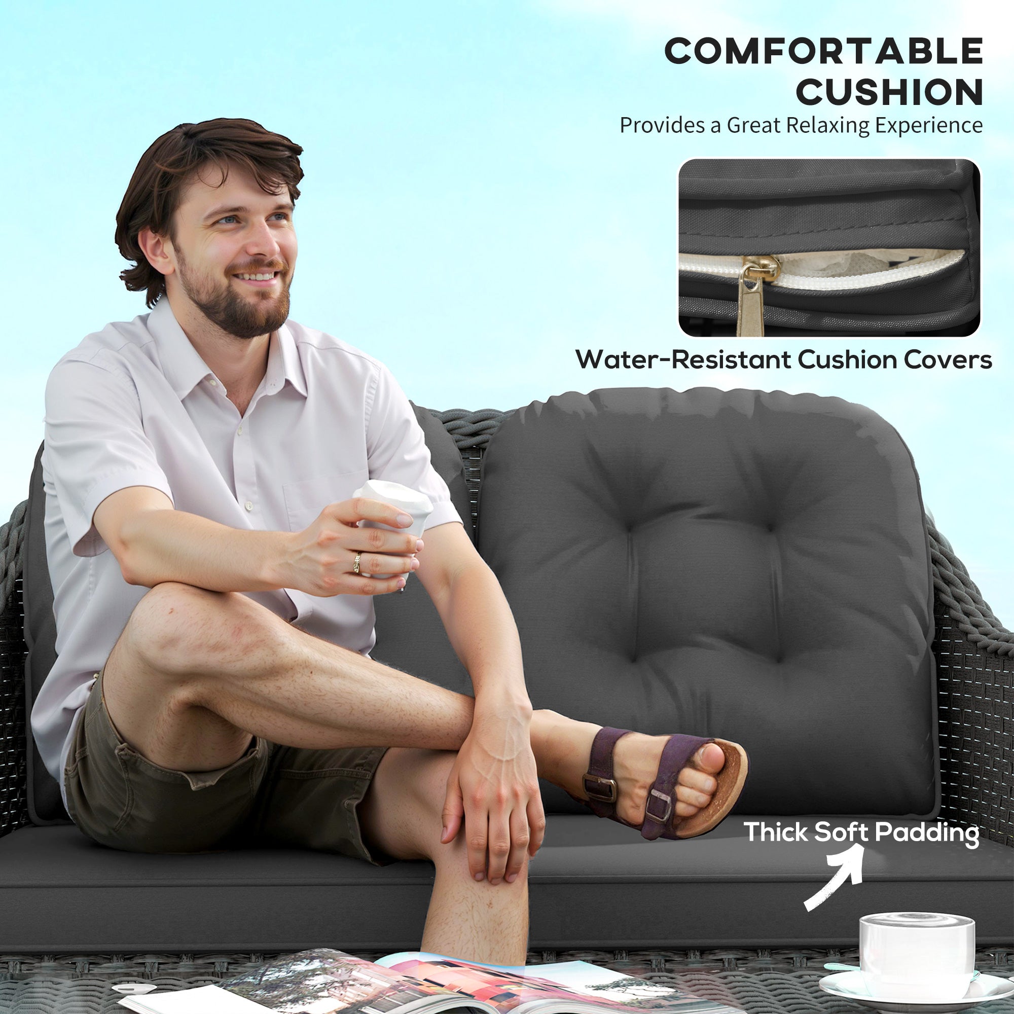 Four-Piece Sofa Set, Rattan with Glass-Top Table, Light Grey