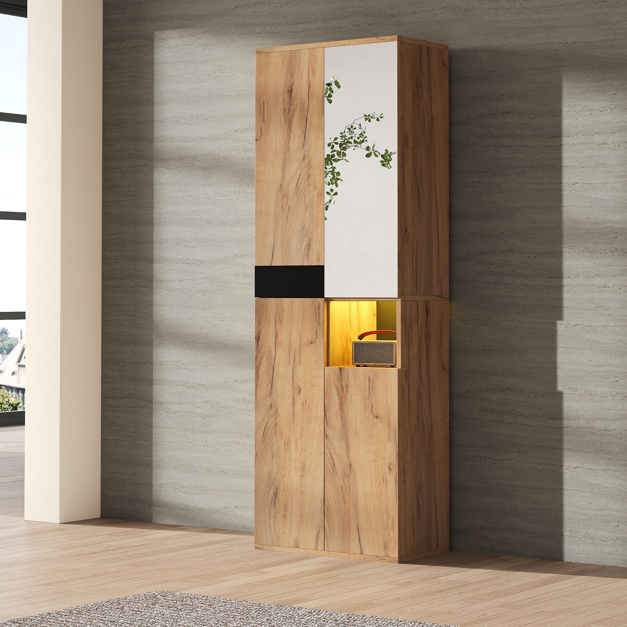 Tall Wardrobe Mirror Four Doors Open Storage Black/Natural Wood Finish