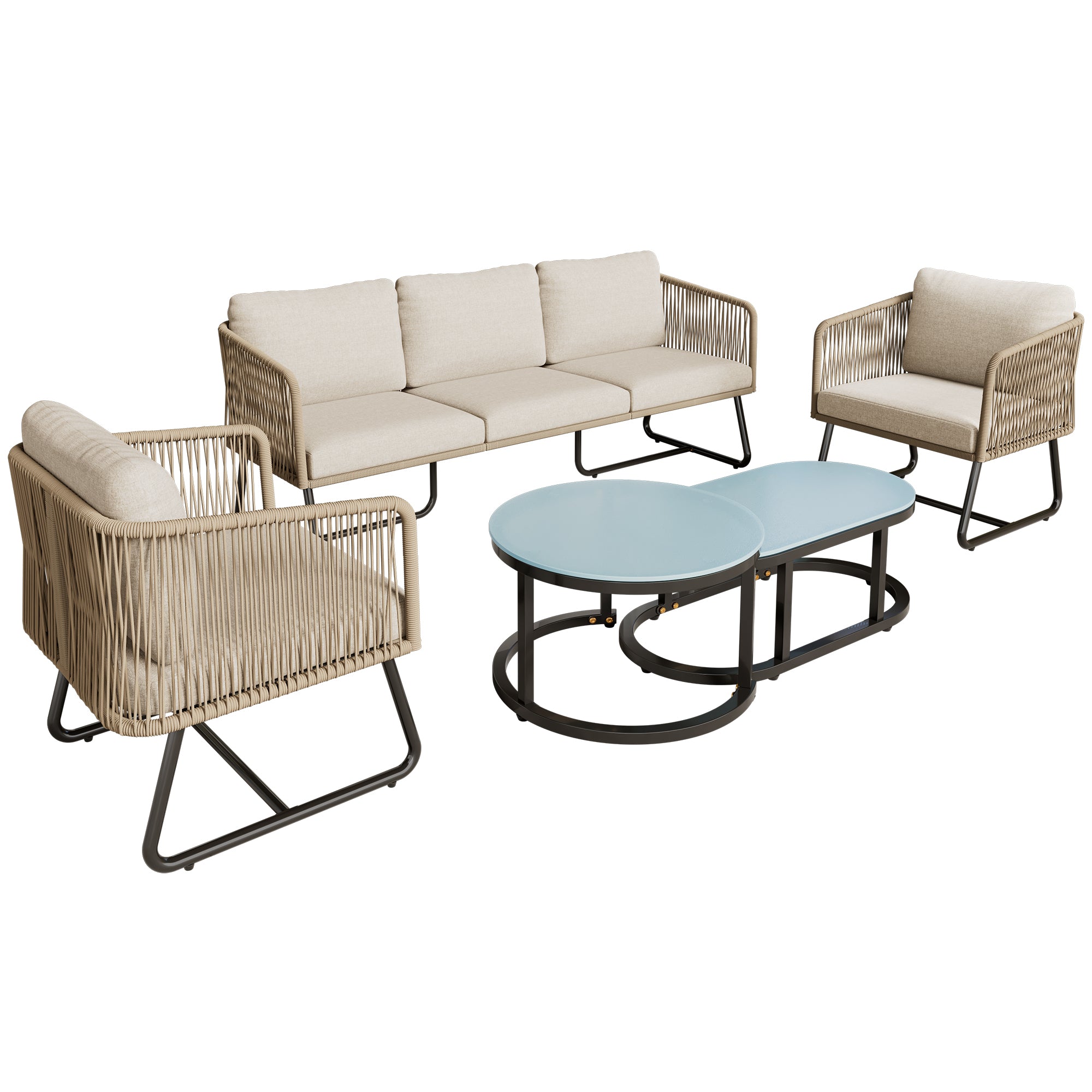 Garden Lounge Set 5-Piece Rope Galvanized Iron Frame Glass Tabletop - Beige