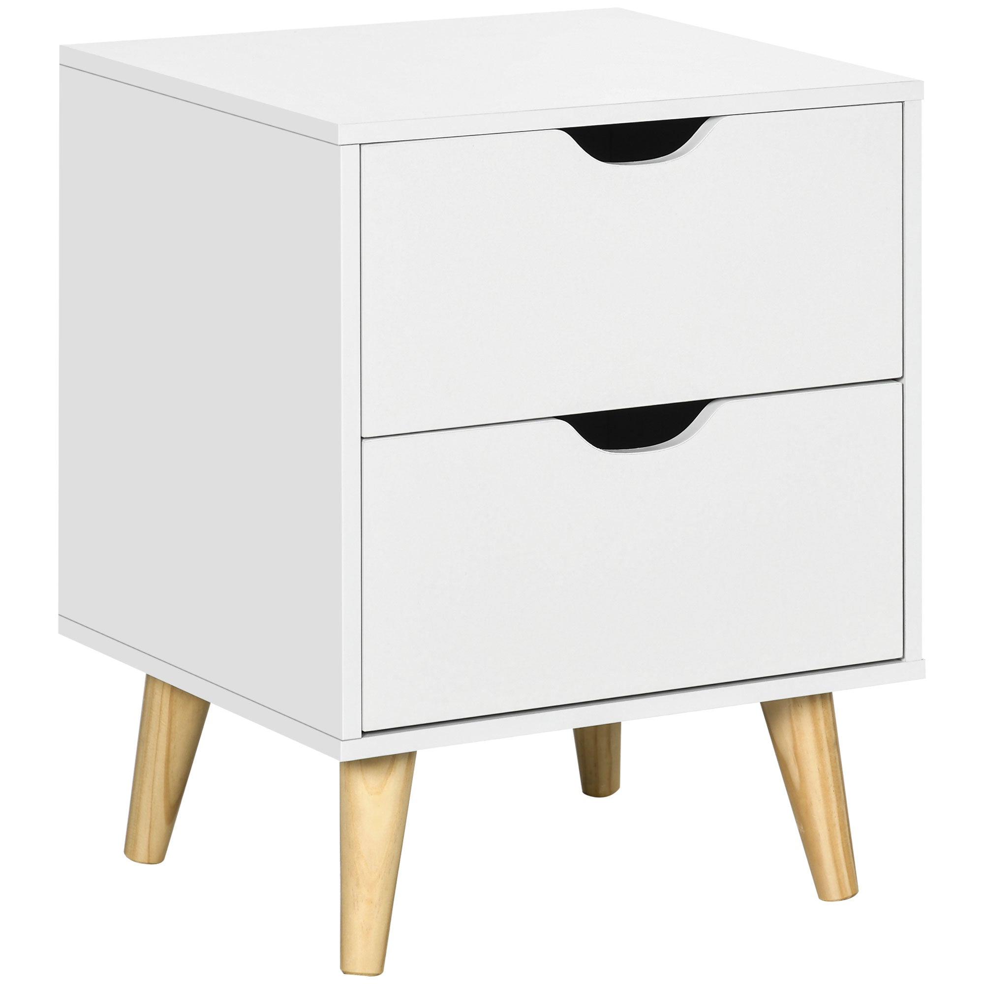 Bedside Table with 2 Drawers, Pine Wood Legs, White