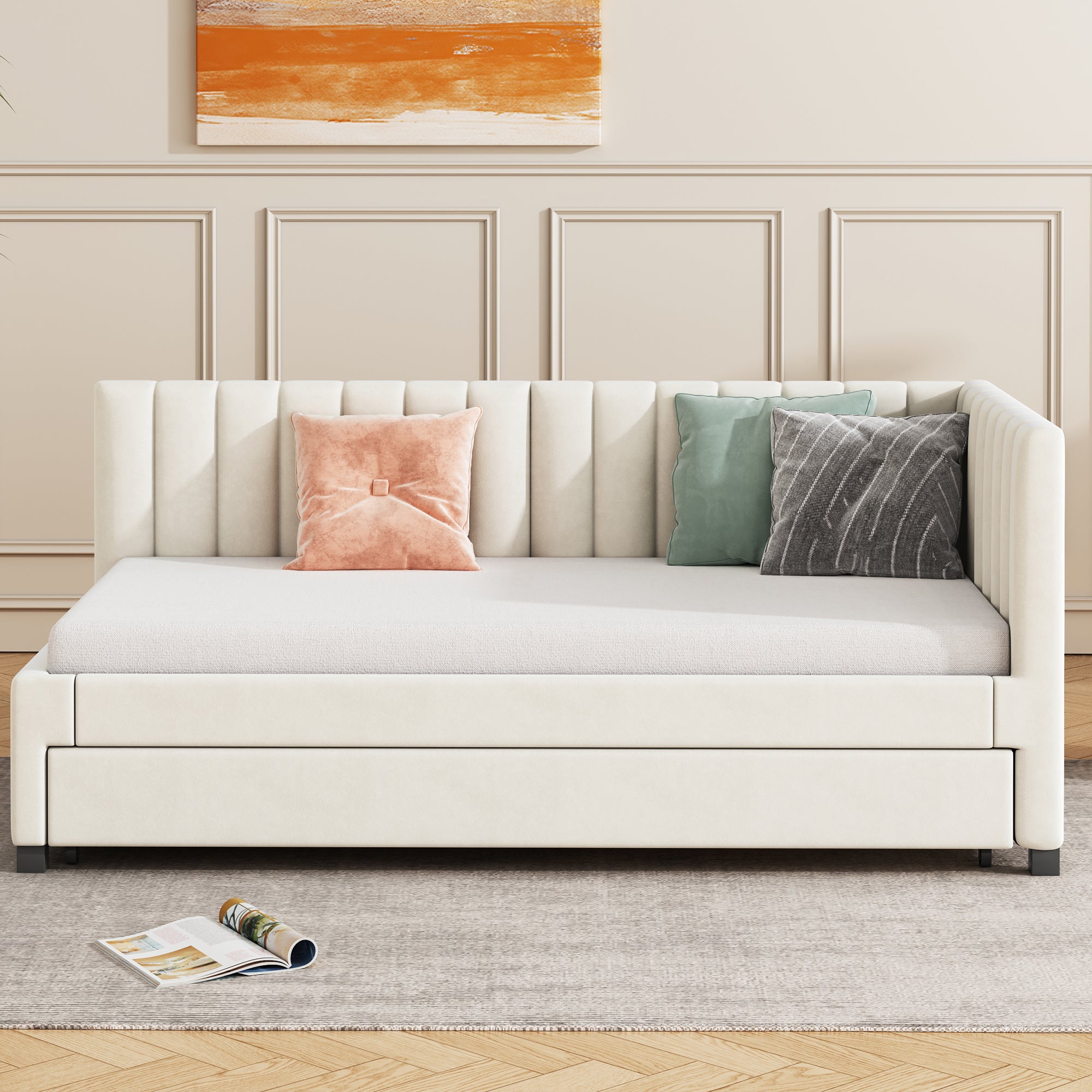 Upholstered Bed 90*200, Pull-Out Sofa Bed, Multifunctional with Slatted Frame, Velvet Fabric Beige