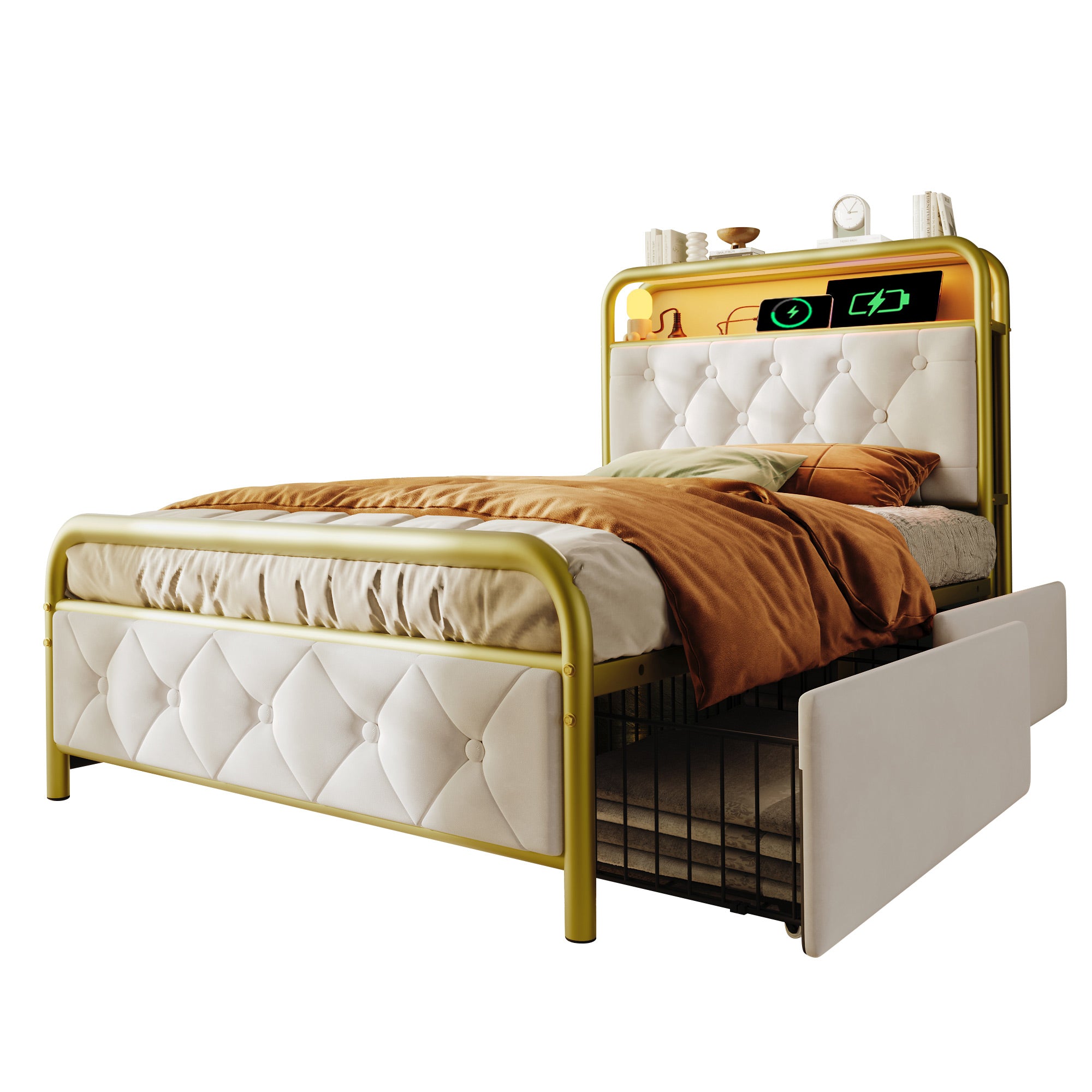 Upholstered Single Bed with USB-C Charging, LED & 2 Drawers, Velvet