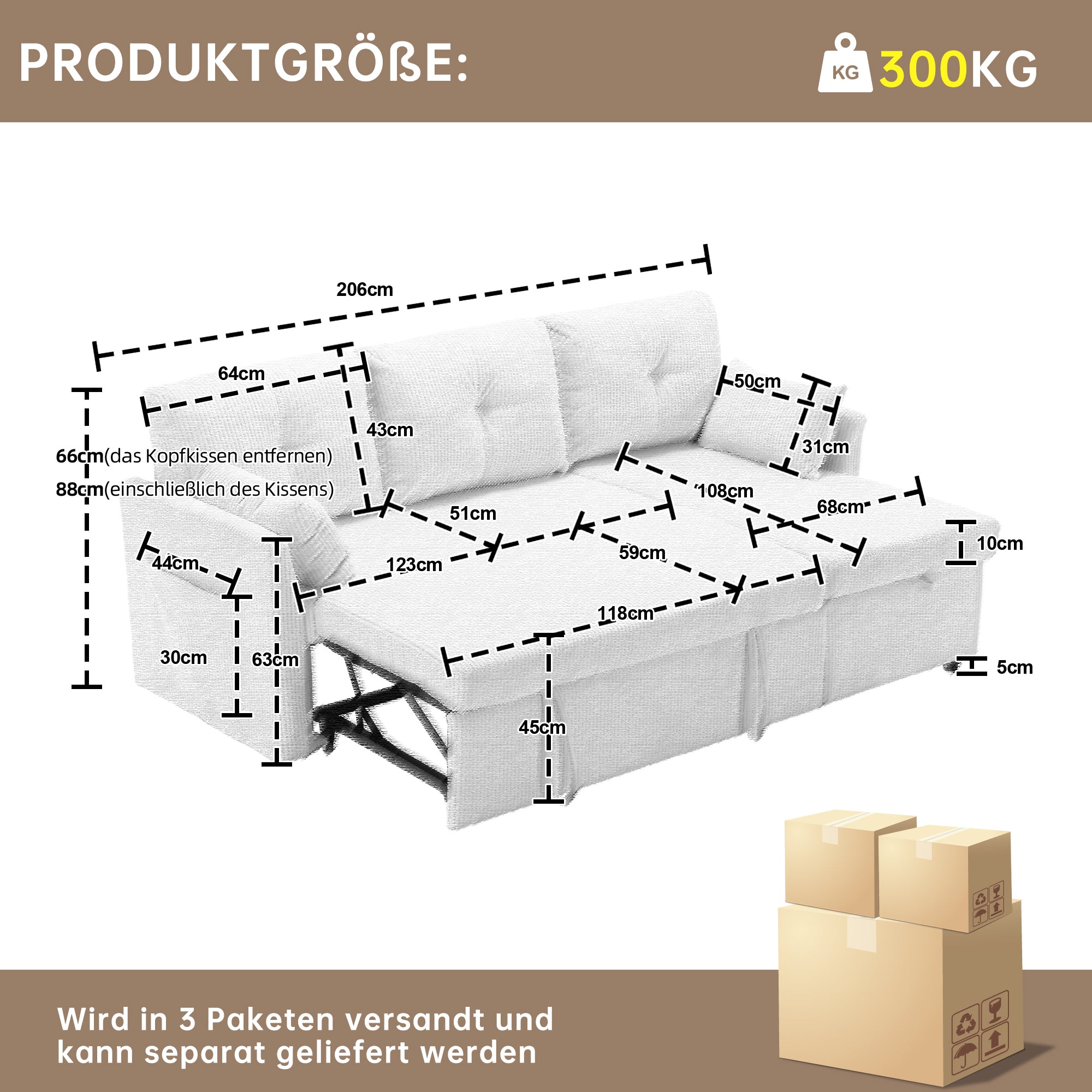 Sofa Bed, Multi-functional with Storage & Pull-out, Chaise Lounge Interchangeable, Modular L-Shaped Sectional