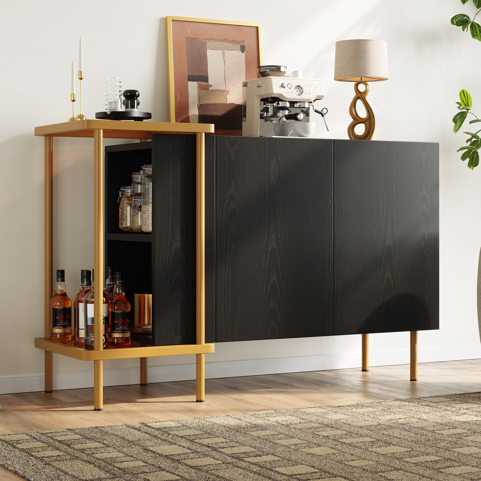Sideboard Cabinet, 2 Doors & 2 Open Compartments, Metal/Glass, Black