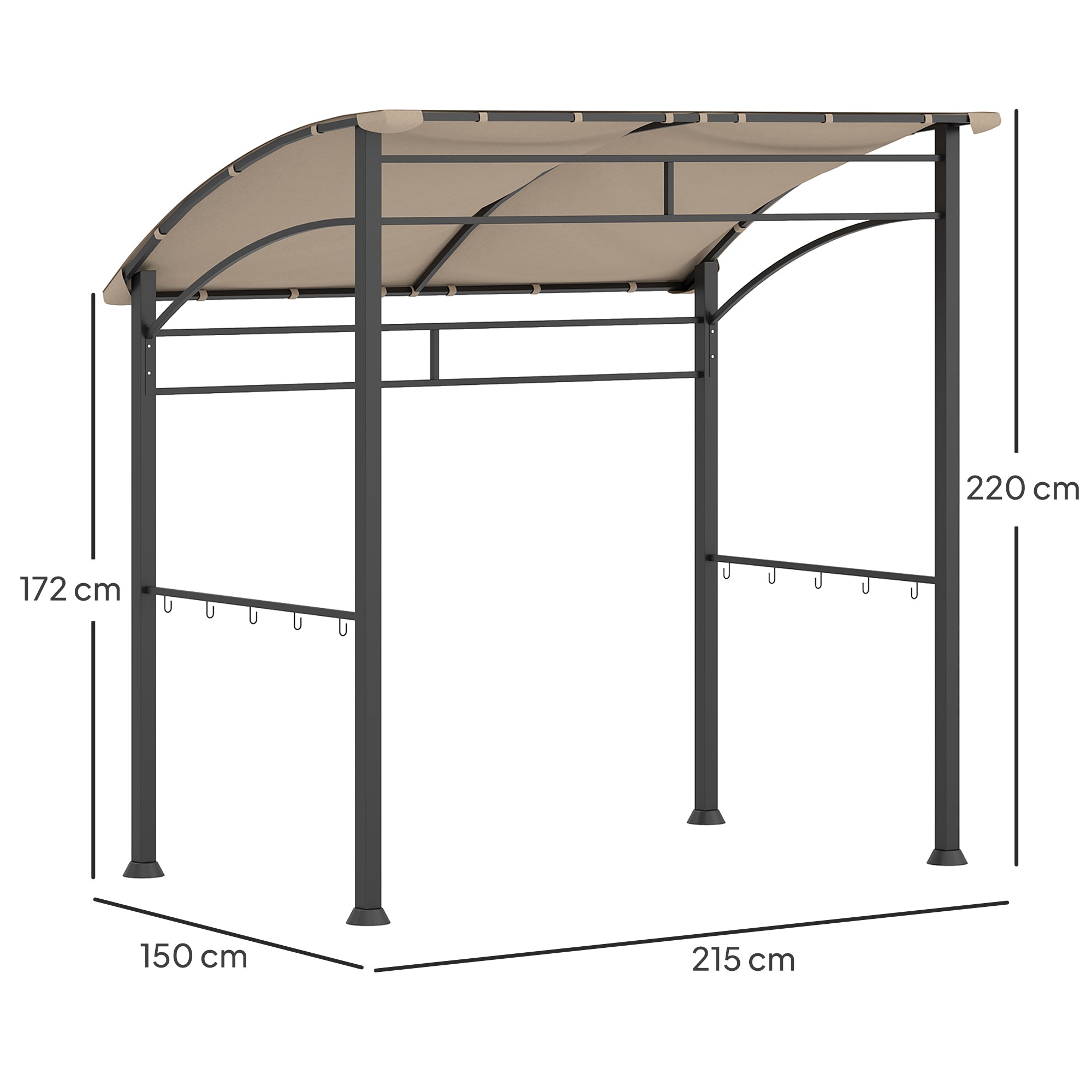 BBQ Grill Gazebo Tent 2.2x1.5m Metal Frame Curved Canopy 10 Hooks, Khaki