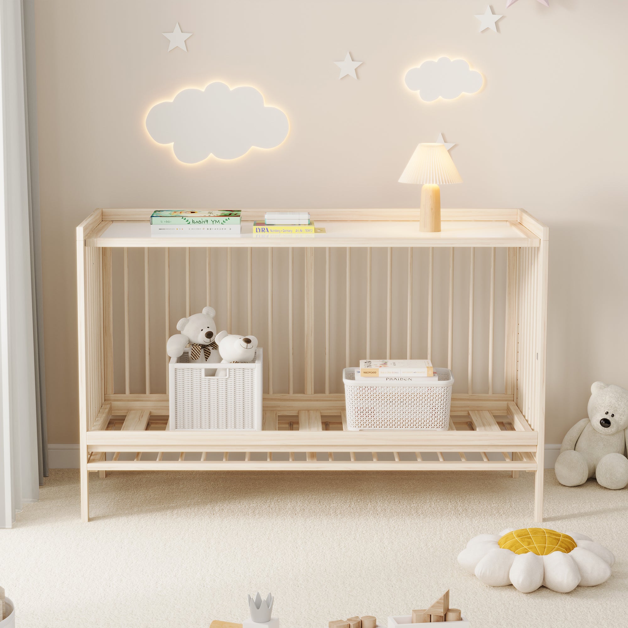 Children's Combination Furniture: Multifunctional Baby Bed, Wardrobe & Rotating Bookcase, Natural Colors