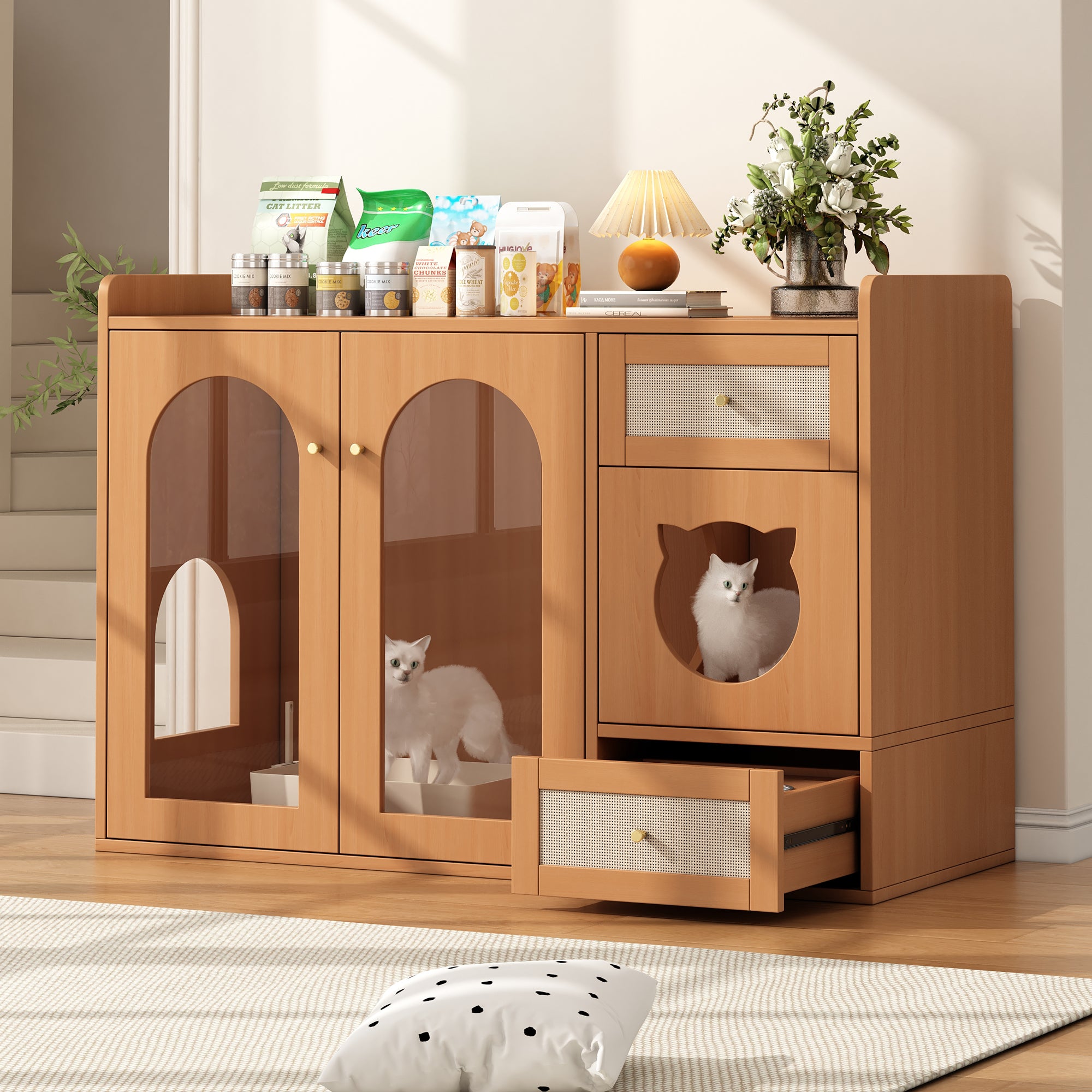 Cat House Litter Box Cabinet Multi-purpose with Food Bowls and Storage, Walnut Color