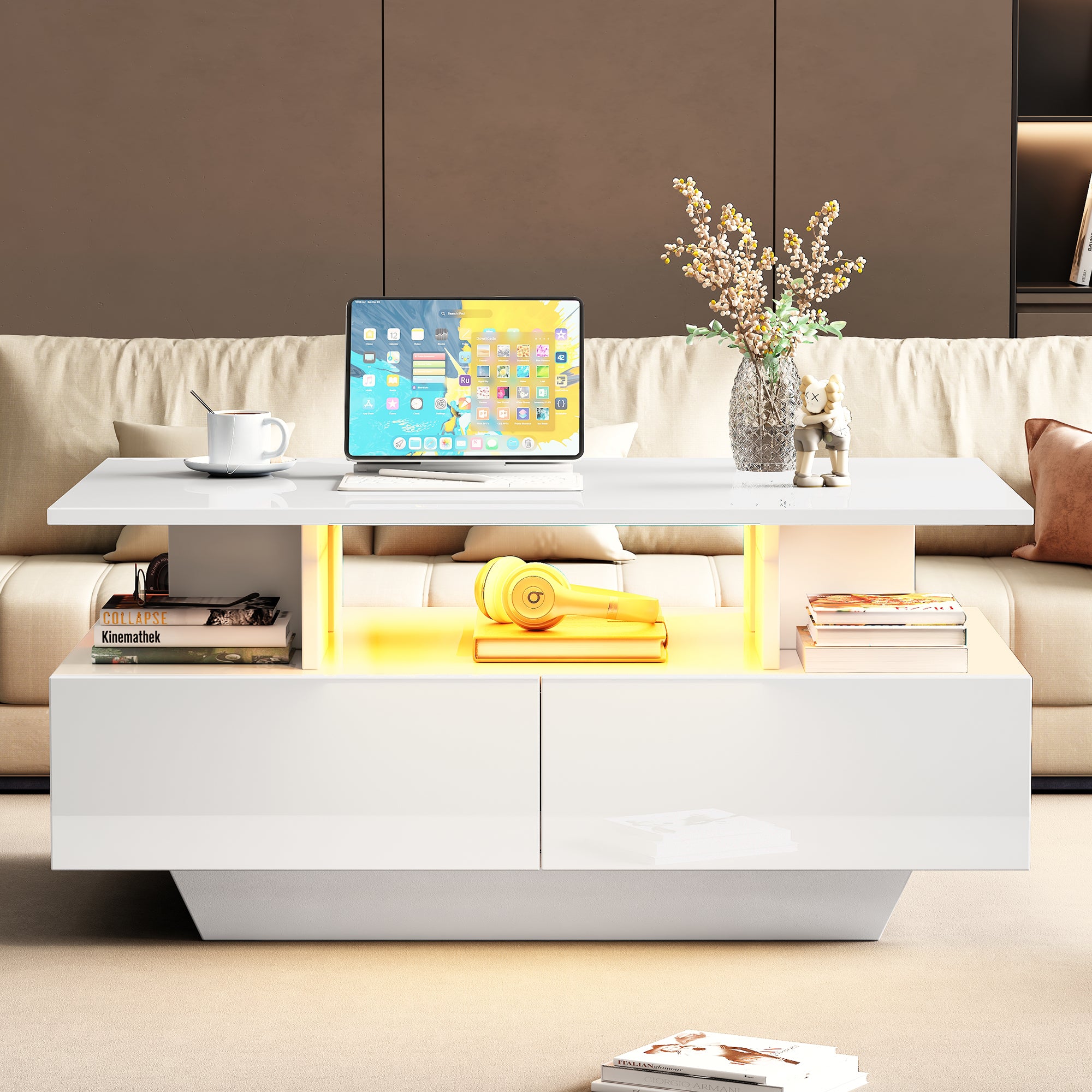 Modern high-gloss coffee table with LED lighting and 2 drawers 90x55x41 cm, 30 kg load capacity