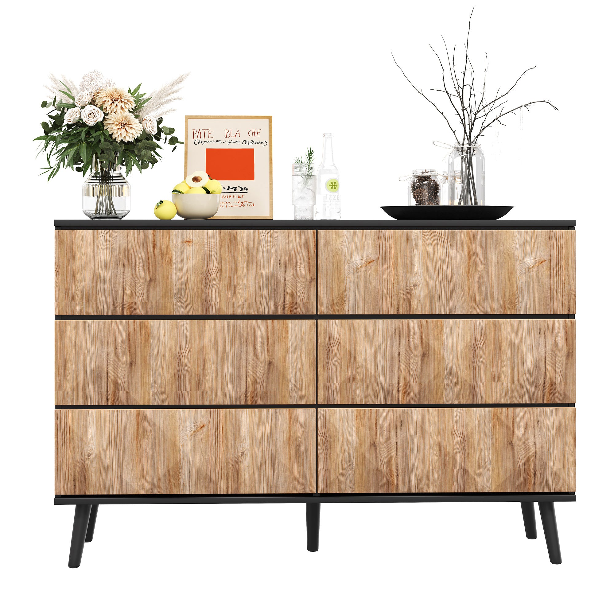 Sideboard and Chest of Drawers, Raised Doors, Black and Natural Wood