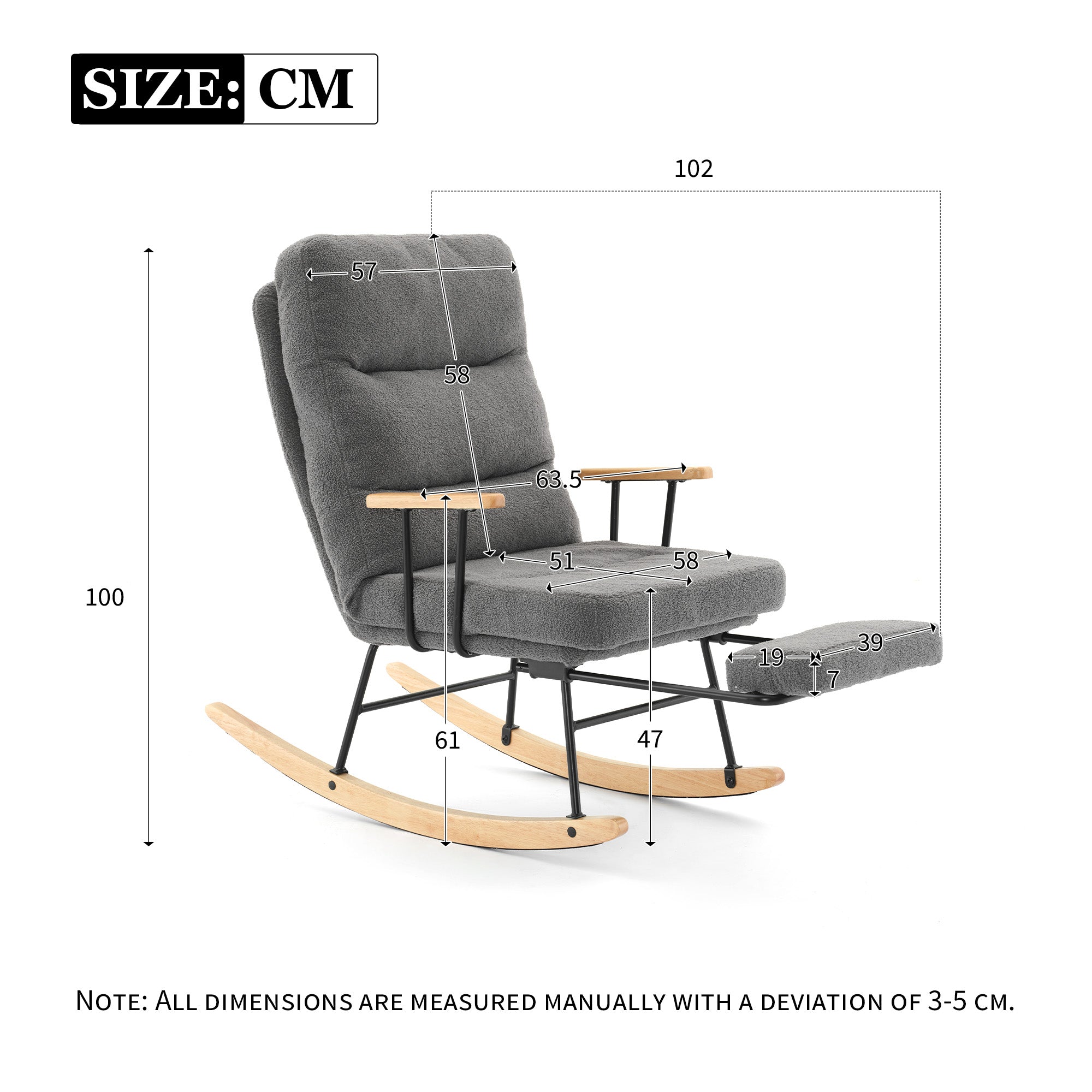 Rocking Chair Comfortable Reclining Function Manual Footrest, 100cm/58cm