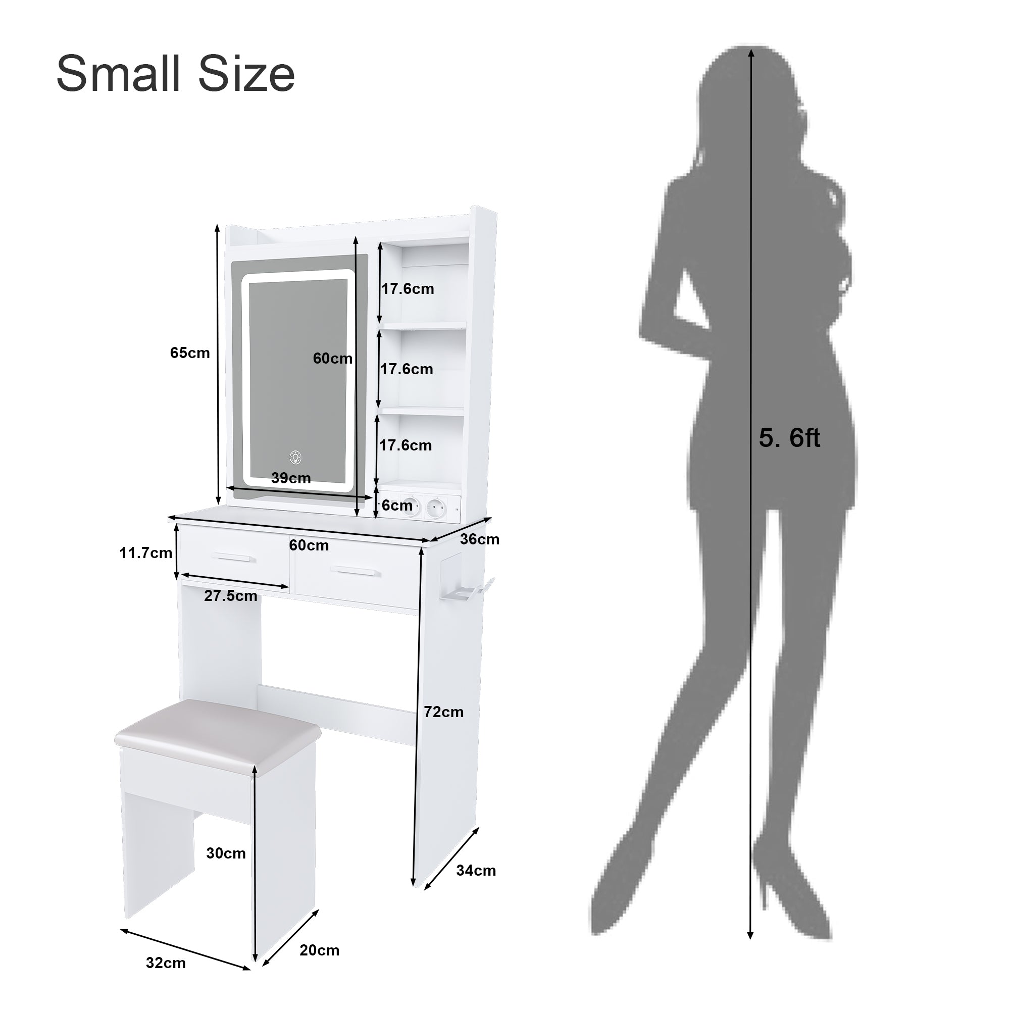 Dressing Table, Small with LED Mirror, Stool, Hidden Storage, White